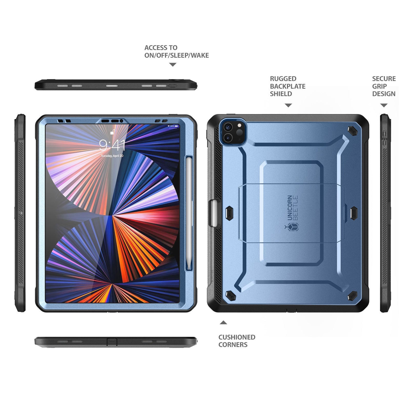 iPad Pro 12.9 Inch (2021) Unicorn Beetle Pro Rugged Case - Shockproof Protective Cover with Screen Protector, Metallic Blue - Perfect for Outdoor, Travel & Work Protection
