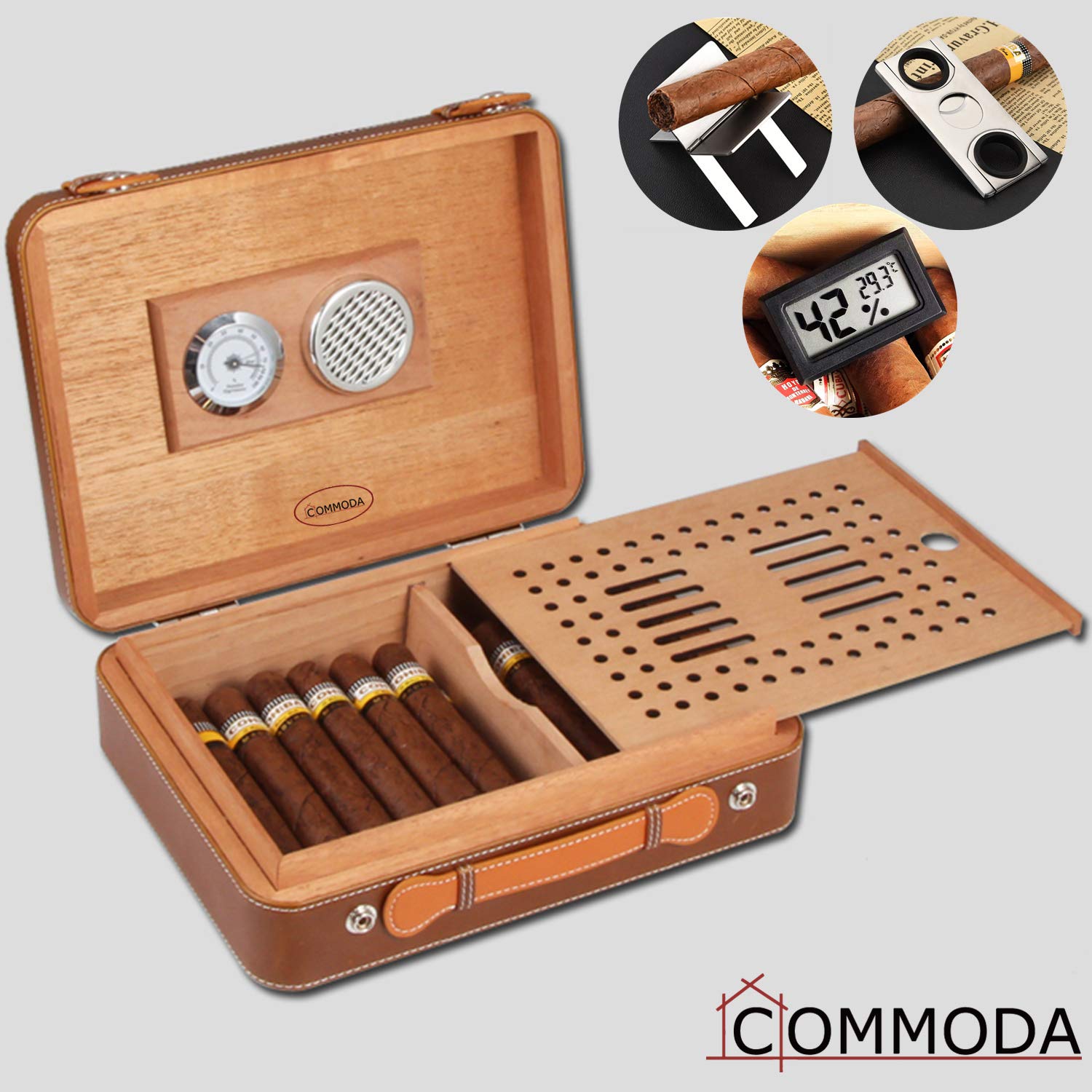 Premium Portable Genuine Leather Cigar Travel Case with Cedar Humidor - Wooden Cigar Box Set Includes Cutter Stand & Free Digital Hygrometer Thermometer - Perfect for Outdoor Travel, Gifts & Cigar Storage