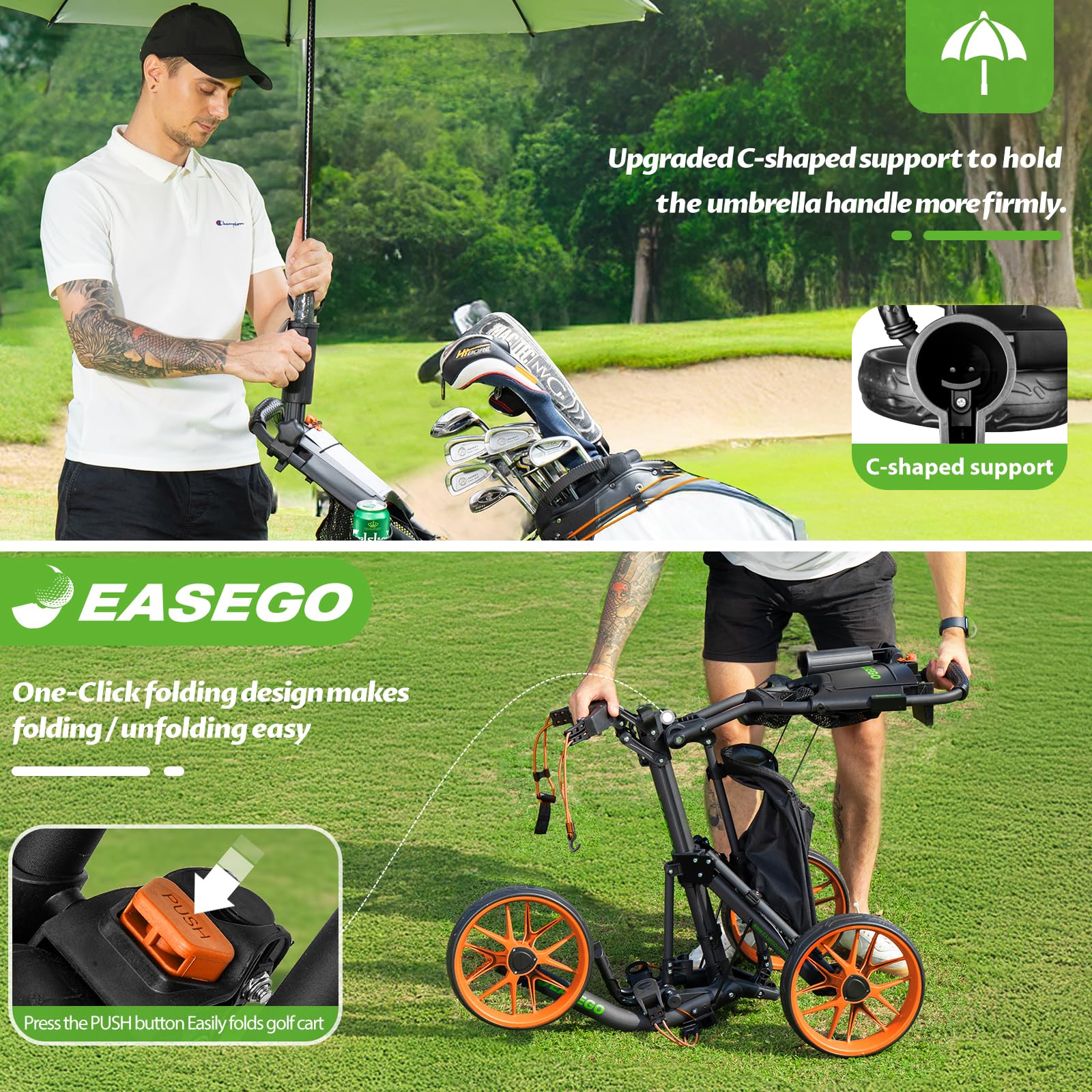 **3 Wheel Golf Push Cart - Foldable Golf Bag Caddy with Phone Holder, Cup Holder & Umbrella Holder | Compact & Quick Fold Design | Large Wheelbase for All Terrains | Perfect for Golfers, Seniors & Beginners**    *(Use Case: Ideal for golf courses, practice ranges, or casual strolls – lightweight, portable, and easy to store!)*
