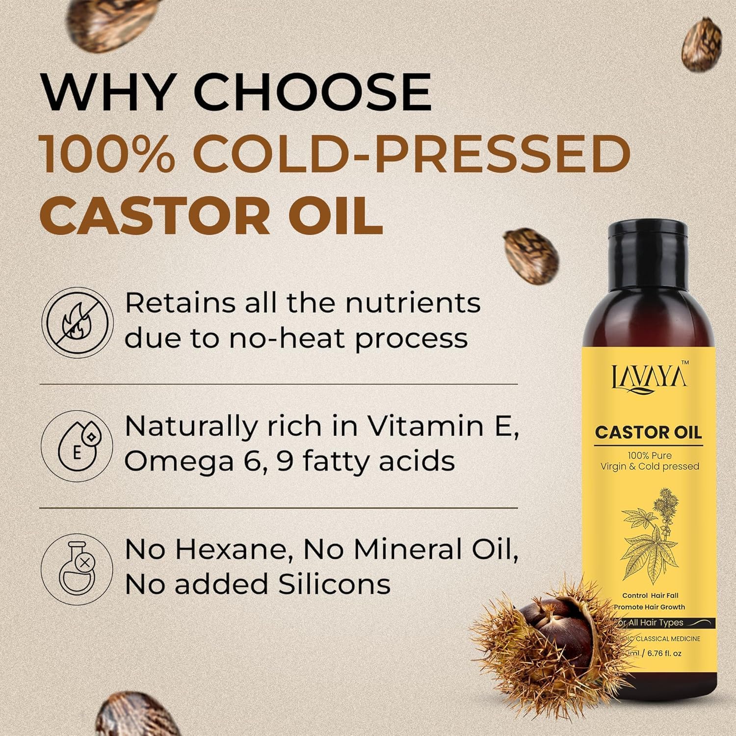 Lavaya® Cold Pressed Castor Oil (Arandi Oil) — 100% Pure & Natural for Hair Growth, Skin Care, Eyelash Care, Moisturizing Dry Skin & Nails | Virgin Grade| Best for Healthy Hair & Skin (200ml) | Perfect for Daily Hair & Skin Routine, DIY Beauty Treatments & Natural Remedies