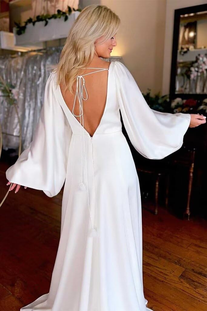 YMFFW 2024 Satin Wedding Dresses for Women - Long Sleeve A-Line V-Neck Bridal Gown | Elegant Simple Bride Dress for Church, Beach & Formal Ceremonies