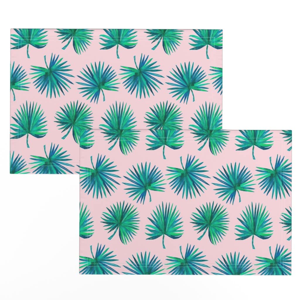Spoonflower Linen Cotton Canvas Placemats Set of 2 - Pink Green Blue Floral Summer Beach Tropical Print Table Mats for Dining, Picnic, Outdoor Party & Home Decor