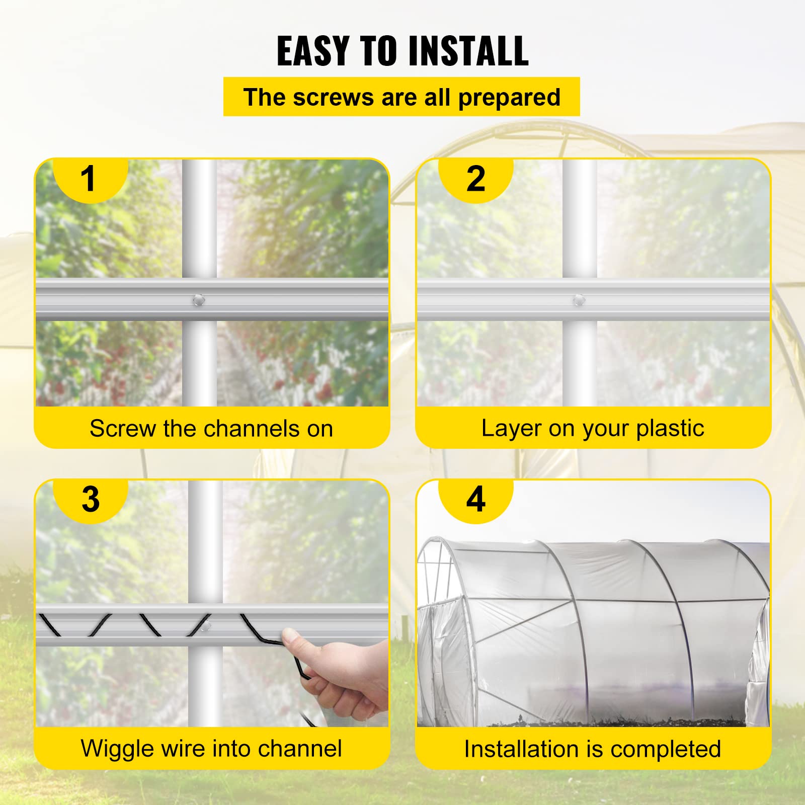 VEVOR 20-Pack Greenhouse Spring Wire & Lock Channel Kit - 6.56ft PE Coated Aluminum Alloy with Screws for Plastic Poly Film or Shade Cloth Attachment (Silver) | Durable Gardening Supplies for Greenhouse, Plant Protection & Backyard Growing