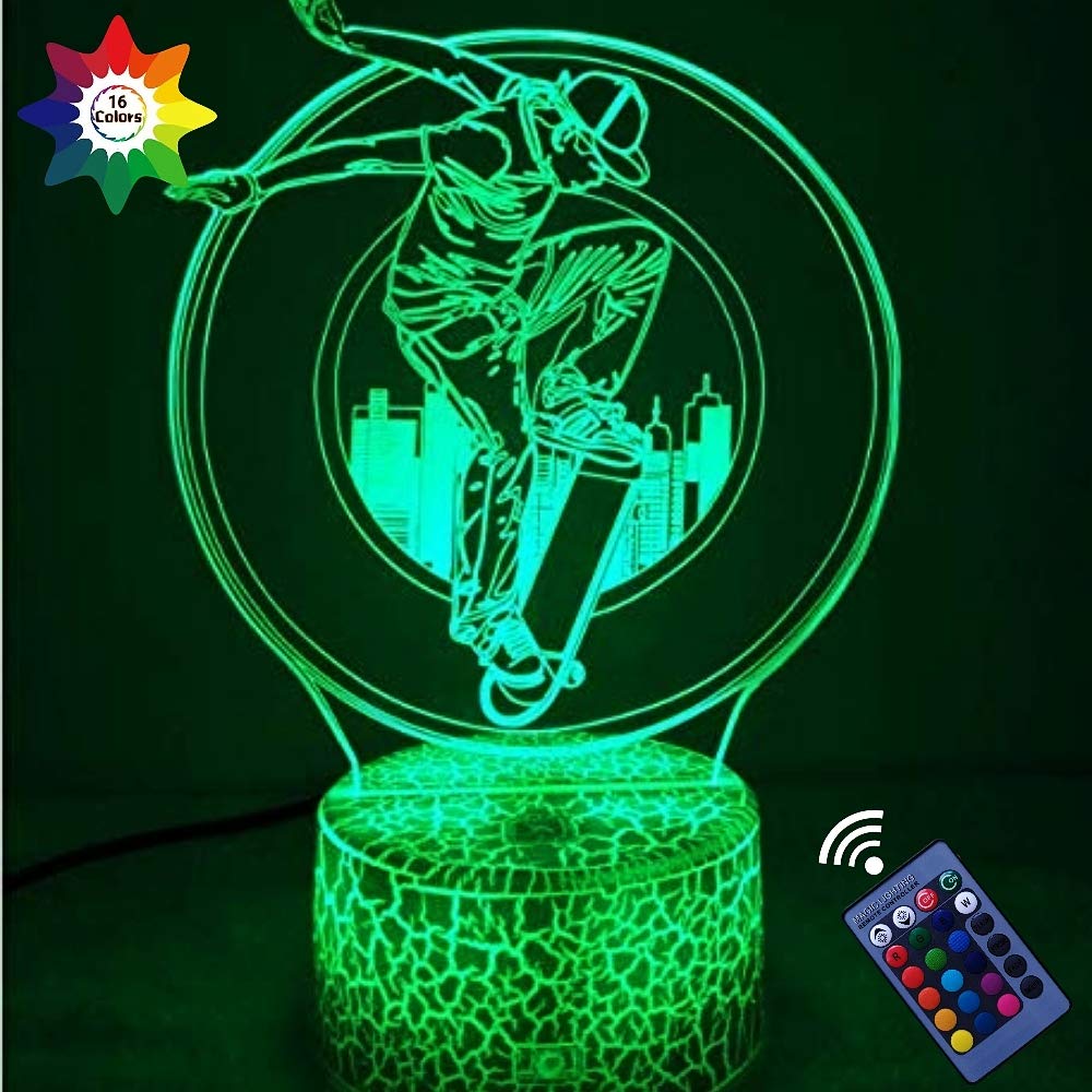 3D Skateboard Night Light - 16 Color Changing LED Desk Lamp with USB Power, Remote Control & Touch Switch - Optical Illusion Decor for Bedroom, Kids Room, Game Room & Office