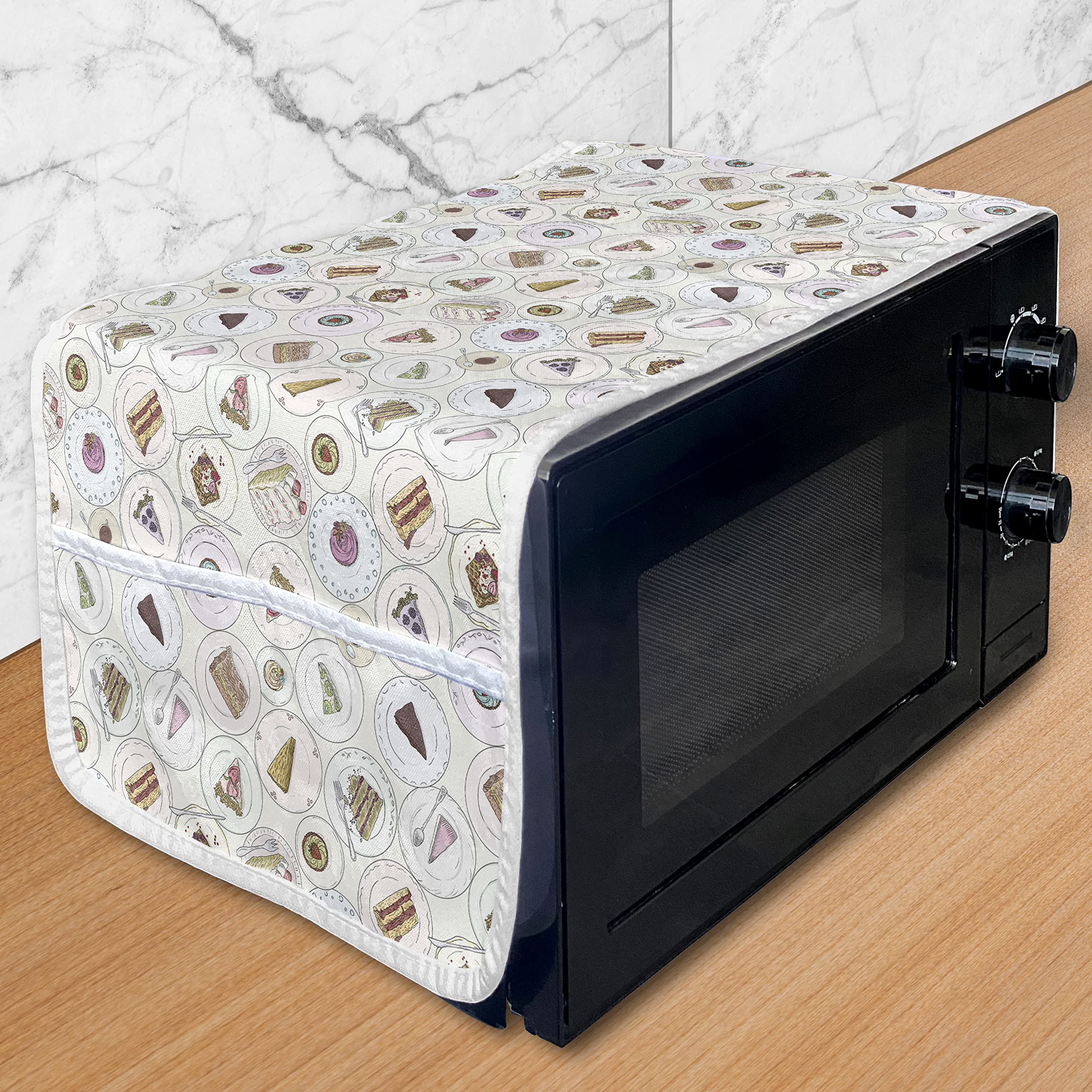 Ambesonne Vintage Pastry Doodle Microwave Cover - Waterproof Kitchen Organizer with Pockets for Cakes, Cupcakes & Desserts - 36