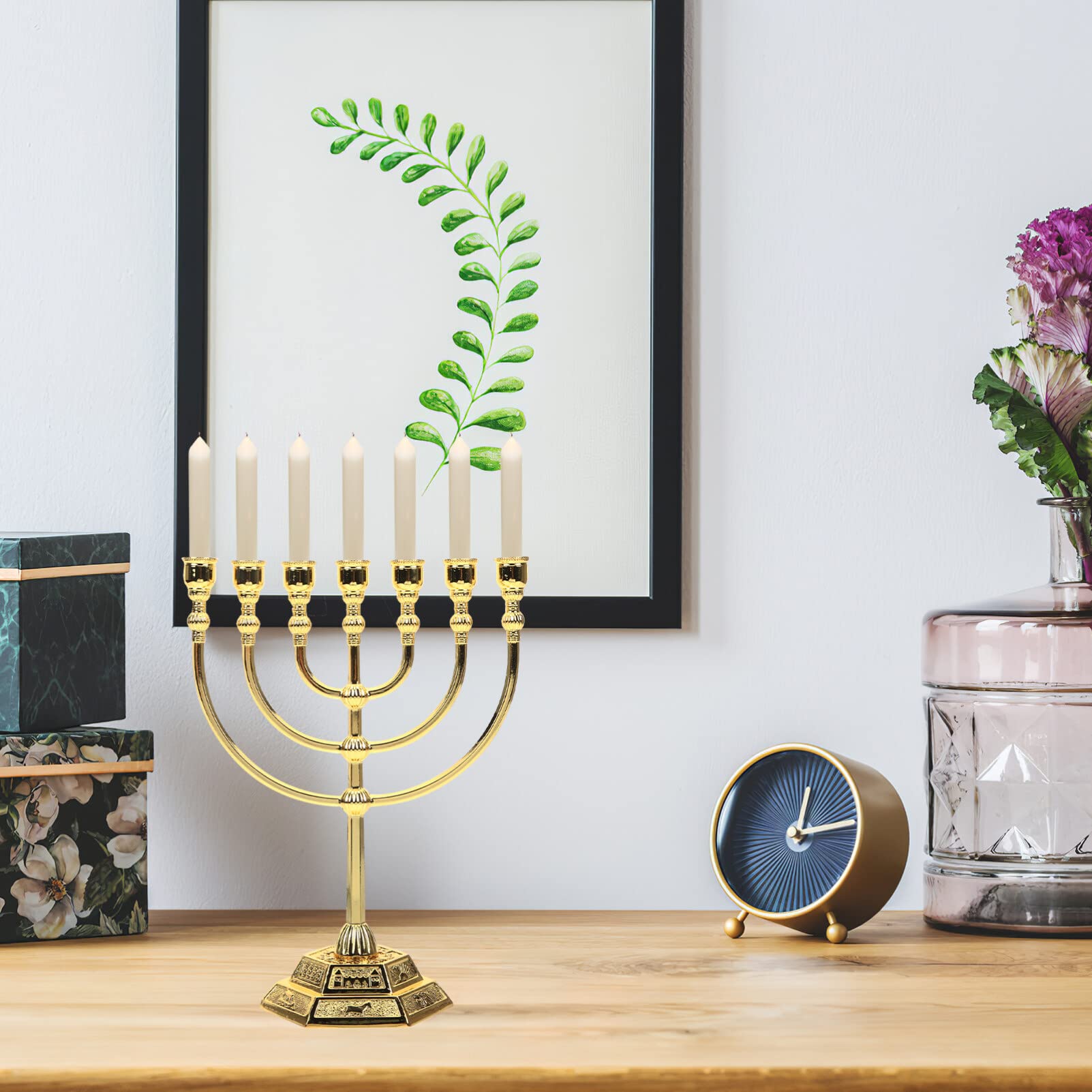 BESPORTBLE 7-Branch Menorah Candle Holder - Golden Hanukkah Candelabra for Jewish Home Decor, Jerusalem Temple Inspired Table Centerpiece | Perfect for Hanukkah Celebrations, Jewish Holidays & Spiritual Home Display