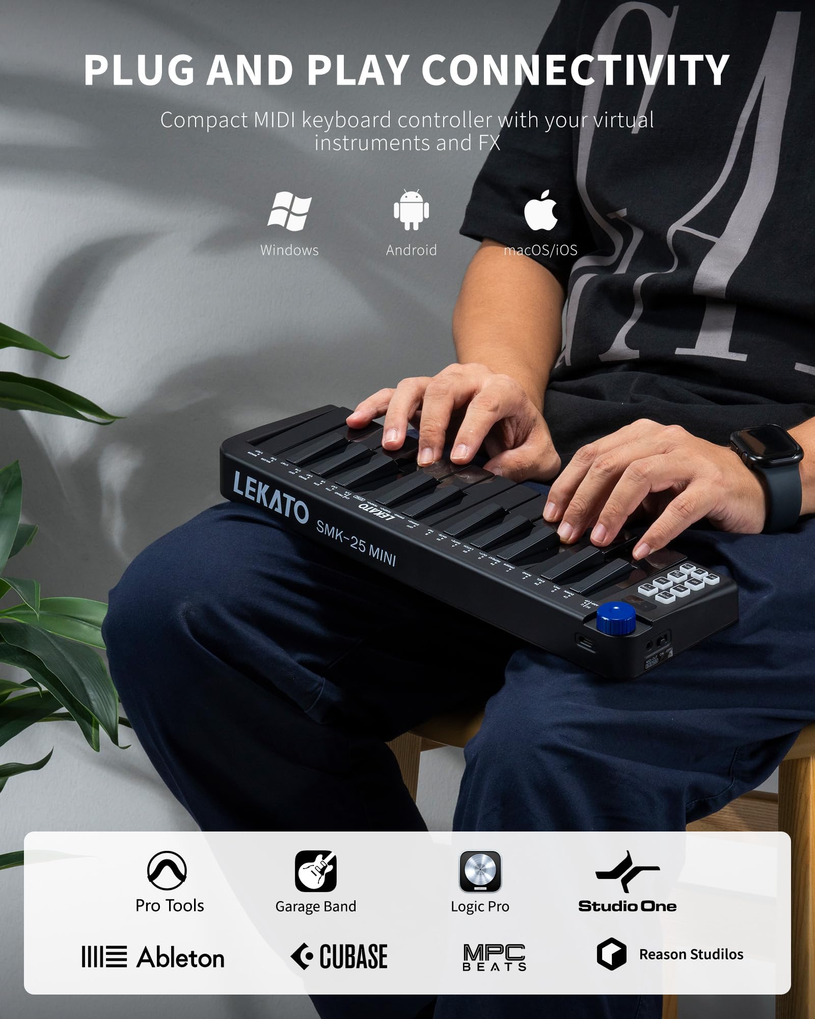 LEKATO 25-Key MIDI Keyboard - Portable USB/Bluetooth Controller for Music Production