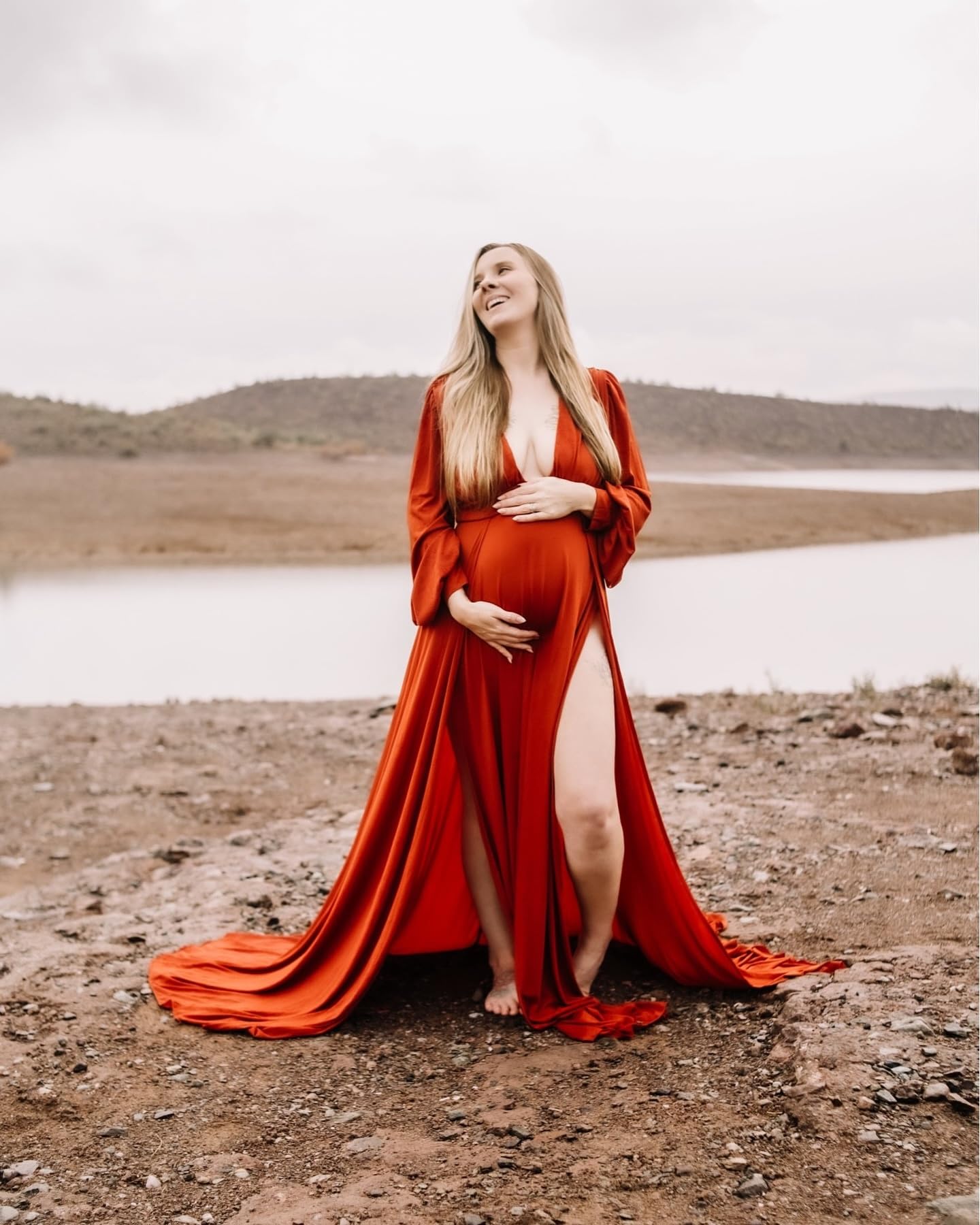 Elegant Long Sleeve Maternity Maxi Dress with Side Splits for Photoshoots - Perfect for Baby Showers, Pregnancy Announcements & Professional Maternity Photography Sessions