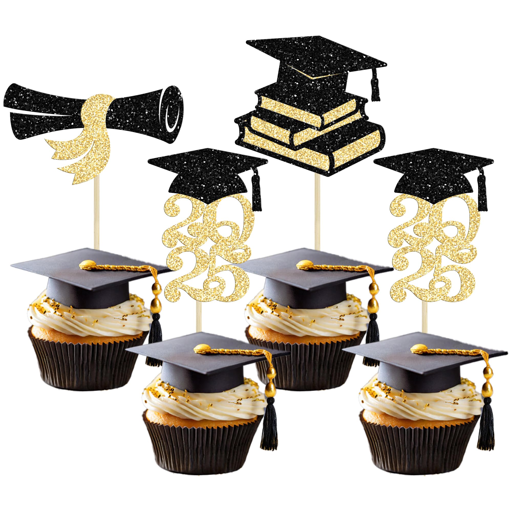 Ephlyn 24Pcs 2025 Graduation Cupcake Toppers - Glitter Diploma & Grad Cap Cake Decorations for Class of 2025 Party Supplies (Black & Gold) | Perfect for Graduation Celebrations, School Parties & Dessert Table Decor