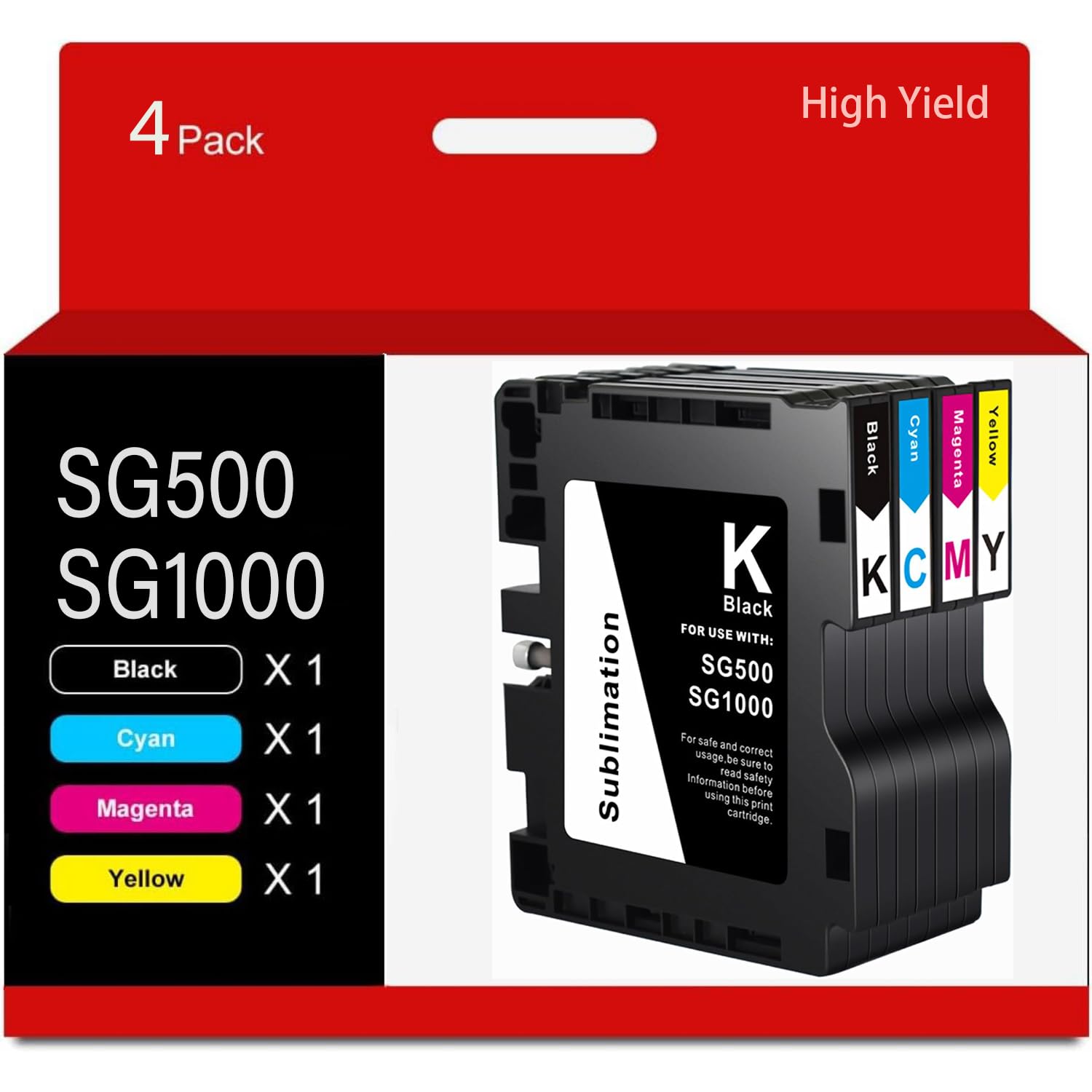 Sawgrass SG1000 & SG500 Sublimation Ink Cartridges 4-Pack (Black, Cyan, Magenta, Yellow) - Compatible Replacement Ink for Sublimation Printing - Perfect for T-Shirts, Mugs & Personalized Gifts
