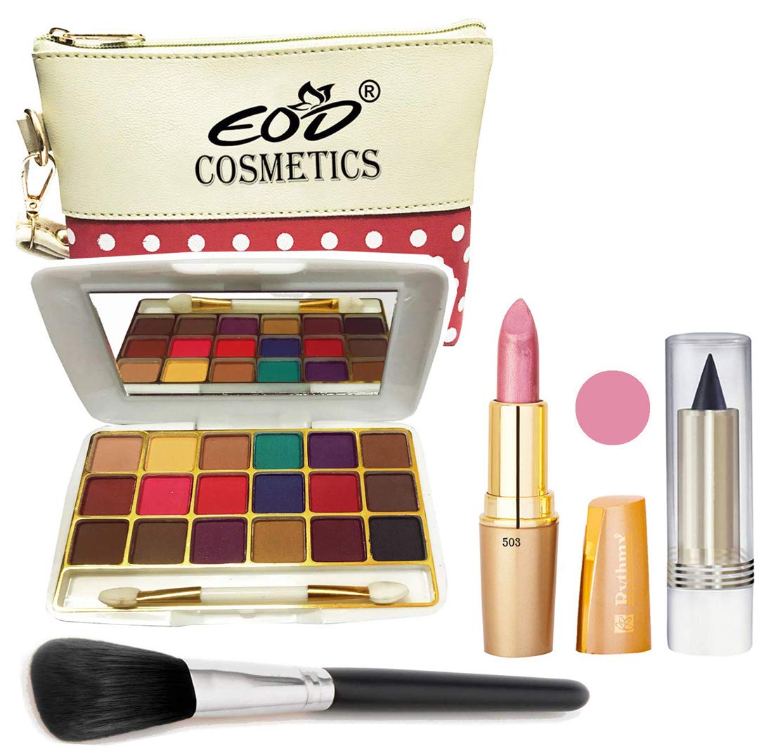 Eod Cosmetics Makeup Kit - 18 Color Eyeshadow Palette, Creamy Matte Lipstick, Makeup Brush & Kajal with Multi-Purpose Pouch (Set of 5) - Perfect for Travel, Parties & Everyday Glam