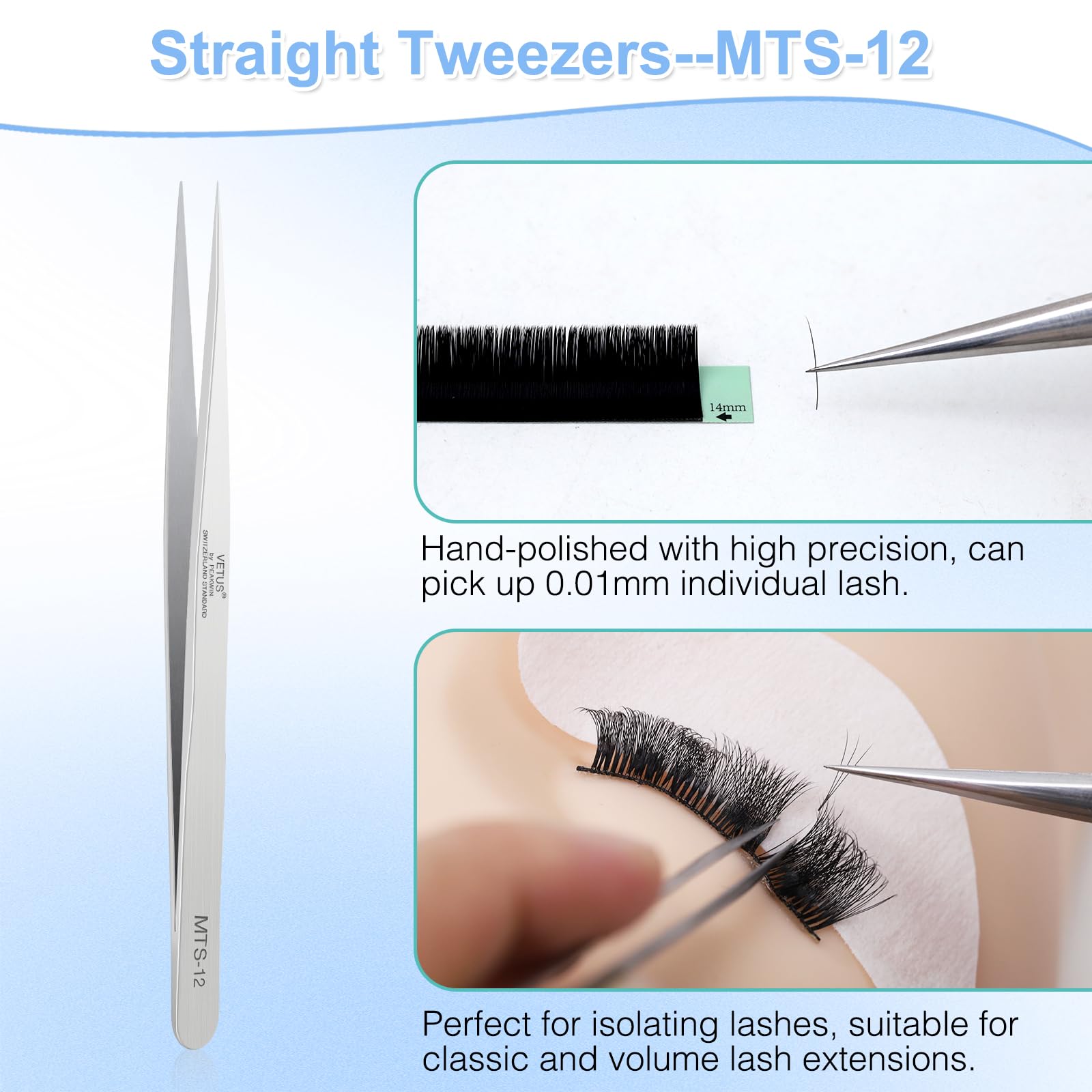 Professional VETUS Lash Tweezers Set - J Curve & Straight Stainless Steel Eyelash Extension Tweezers for Volume & Individual Lashes (MTS-12 & MTS-15, Silver) | Perfect for Salon, DIY Lash Extensions & False Eyelash Application