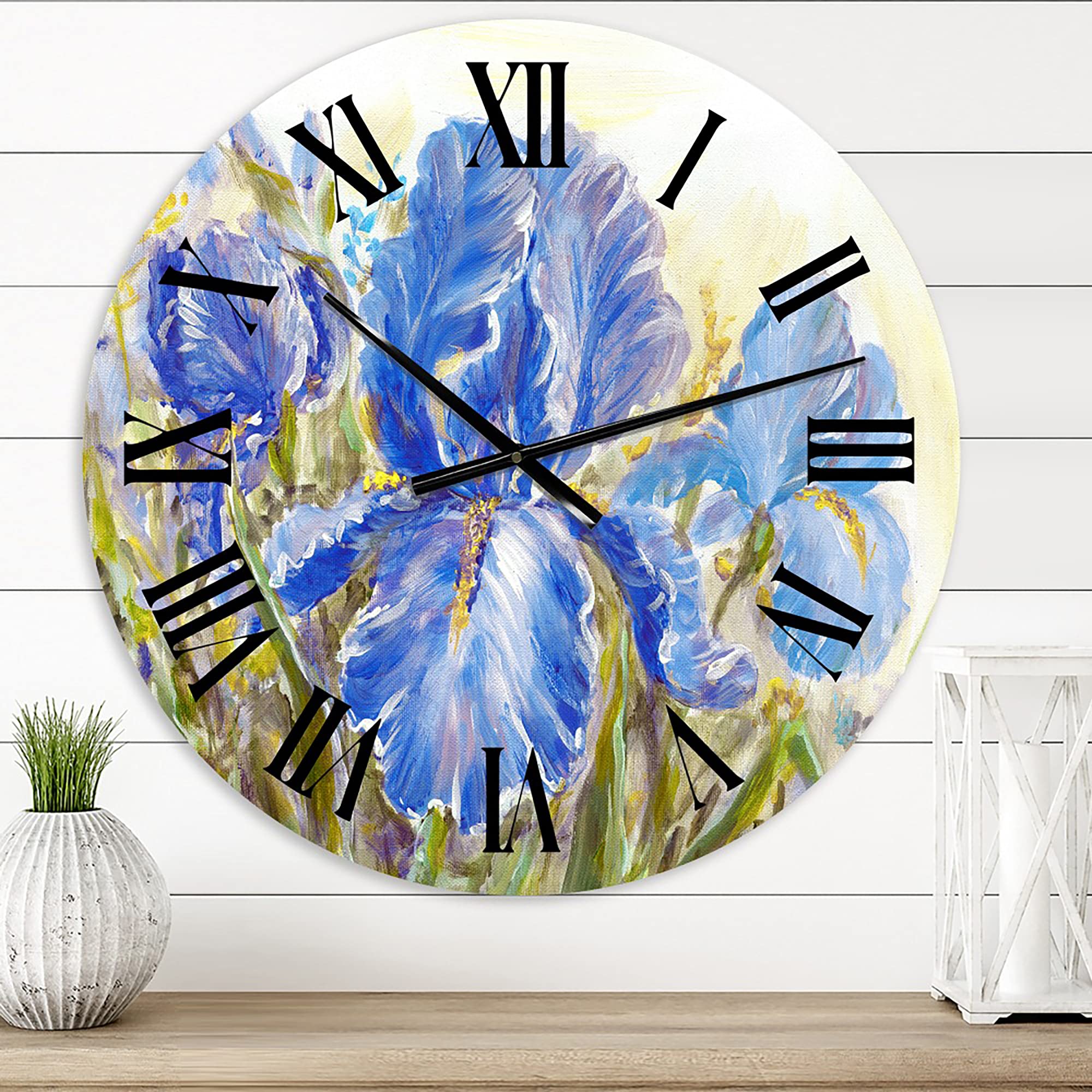 DesignQ Traditional Wall Clock 'Irises Blossoming Flowers' - Large Floral & Botanical Wall Clock for Home, Office, Living Room Decor - Perfect for Farmhouse, Vintage, and Modern Interior Design Styles