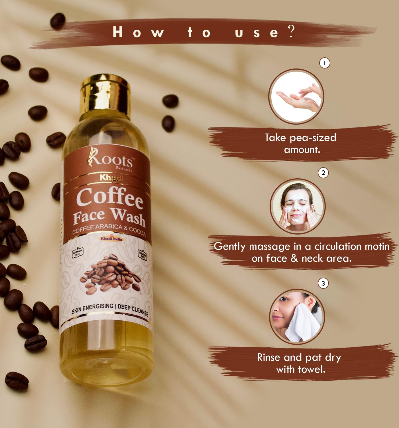Roots Botanix Coffee Face Wash for Glowing Skin - Detan & Brightening Cleanser - Anti Pollution & Pimples Treatment - 200ml Liquid Soap (Pack of 2) - Perfect for Morning Skincare Routine & Post-Workout Refresh