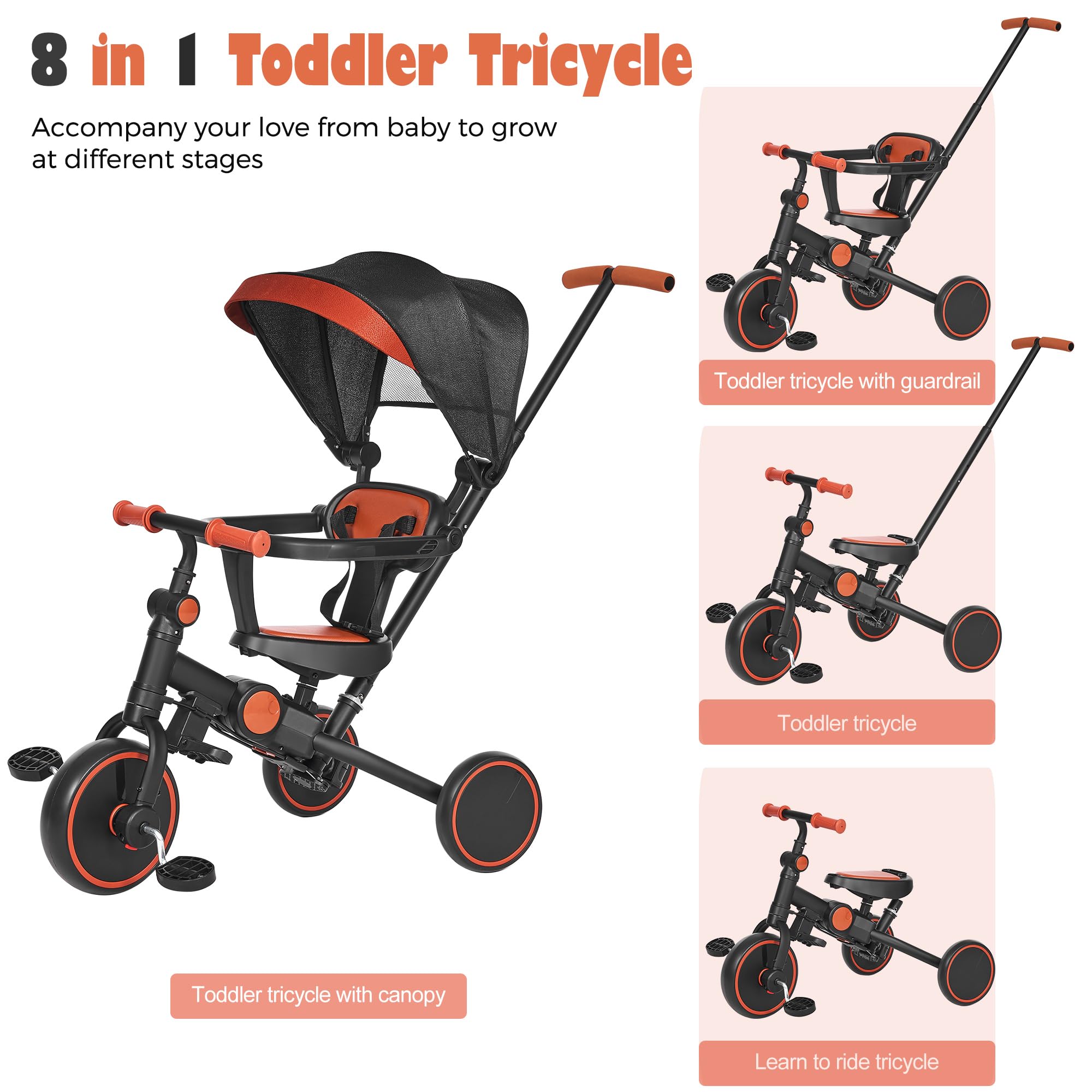 8-in-1 Toddler Push Tricycle with Parent Handle - Adjustable Balance Bike for 1-4 Year Old Boys & Girls - Perfect First Bike for Learning & Outdoor Play - Ideal Birthday Gift for Toddlers
