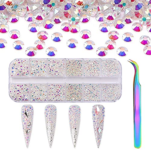 3600Pcs AB Crystal Rhinestones with Tweezer - 6 Sizes Mixed Round Flatback Glass Gems for Nail Art, Makeup, Clothing & Shoe Decoration | DIY Craft Accessories for Wedding, Party & Costume Design