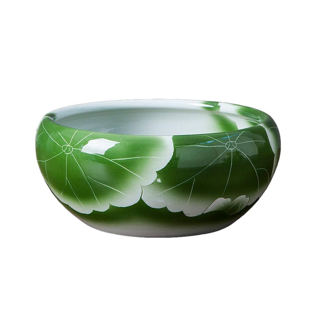 Ceramic Hydroponic Flower Pots for Outdoor Garden, Courtyard, Home & Office Decor - Green Lotus Leaf Design Short Planters (Size F) - Perfect for Indoor Herb Gardens, Balcony Plants & Patio Decorations