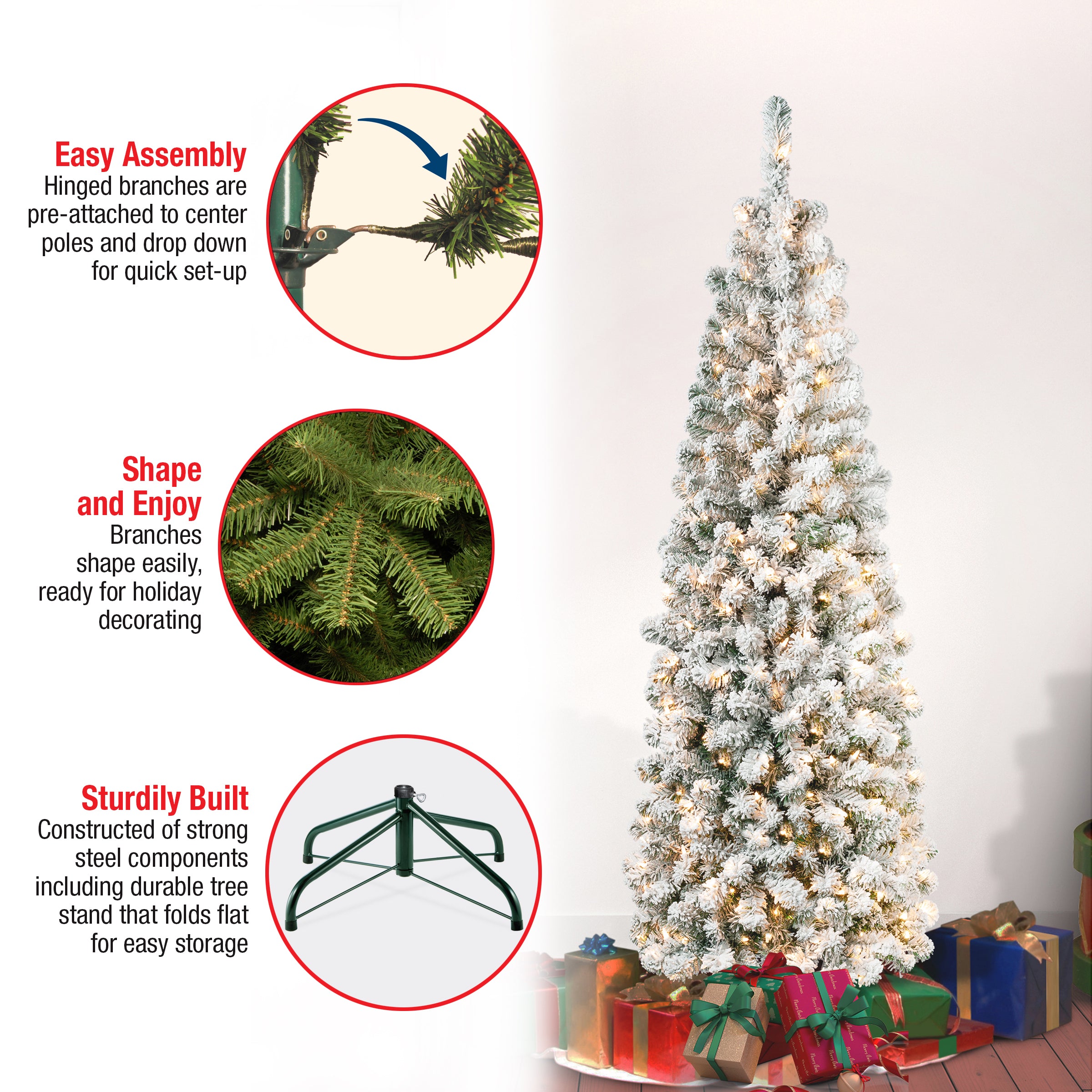 6 ft. Pre-Lit Acacia Pencil Slim Flocked Artificial Christmas Tree with Clear LED Lights - Perfect for Small Spaces, Apartments & Holiday Home Decor