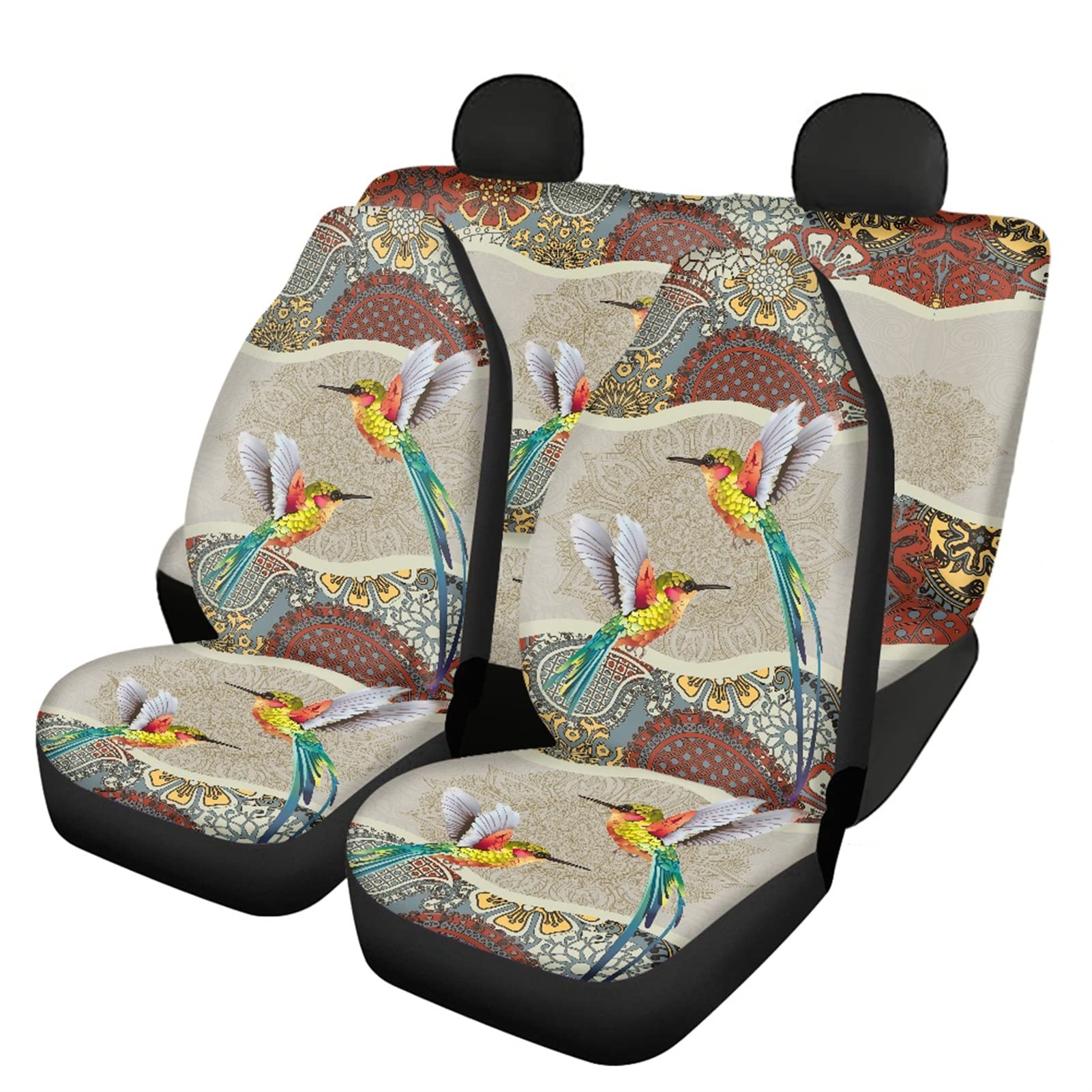 ZPINXIGN Boho Hummingbird Car Seat Covers Full Set - Universal Stretchable Rear Bench & Backrest Protector for Cars, Trucks, SUVs (4-Pack) | Stylish Interior Upgrade & Protection for Road Trips, Daily Commute