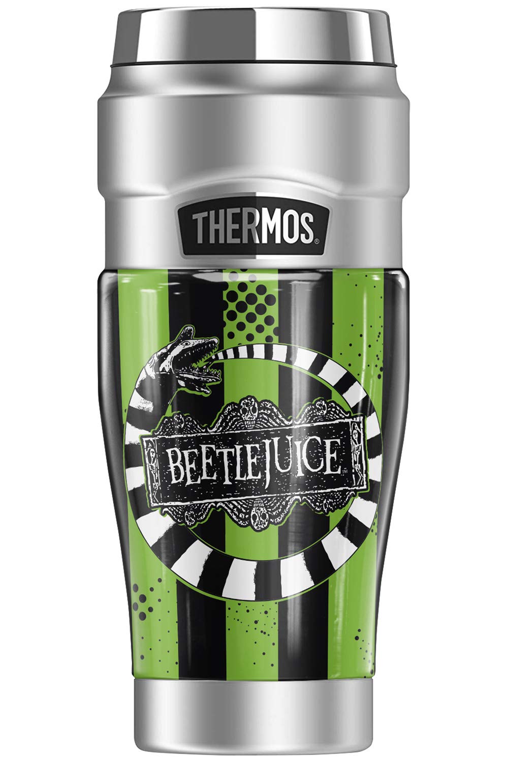 Beetlejuice Stainless Steel Travel Tumbler 16oz - Vacuum Insulated Double Wall Thermos Mug - Keeps Drinks Hot/Cold for Hours - Perfect for Coffee, Tea, Hiking, Camping & Office Use