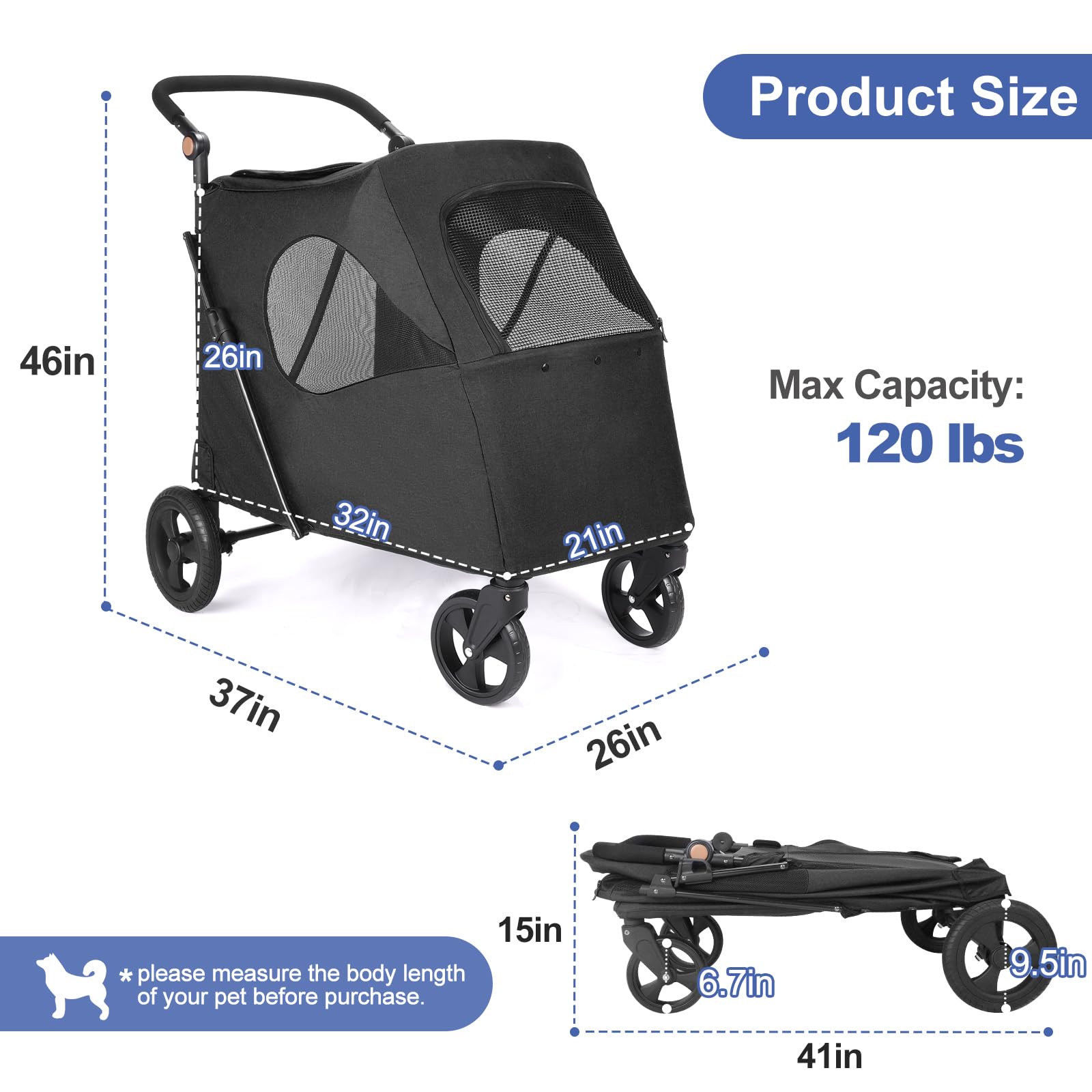 Timati 4-Wheel Large Dog Stroller - Foldable Travel Pet Wagon with Adjustable Handle & Zipper Entry - Breathable Mesh Skylight Cat Stroller for Medium Dogs 20-30 lbs (Supports up to 120 lbs) - Perfect for Outdoor Walks, Vet Visits & Shopping Trips (Black)