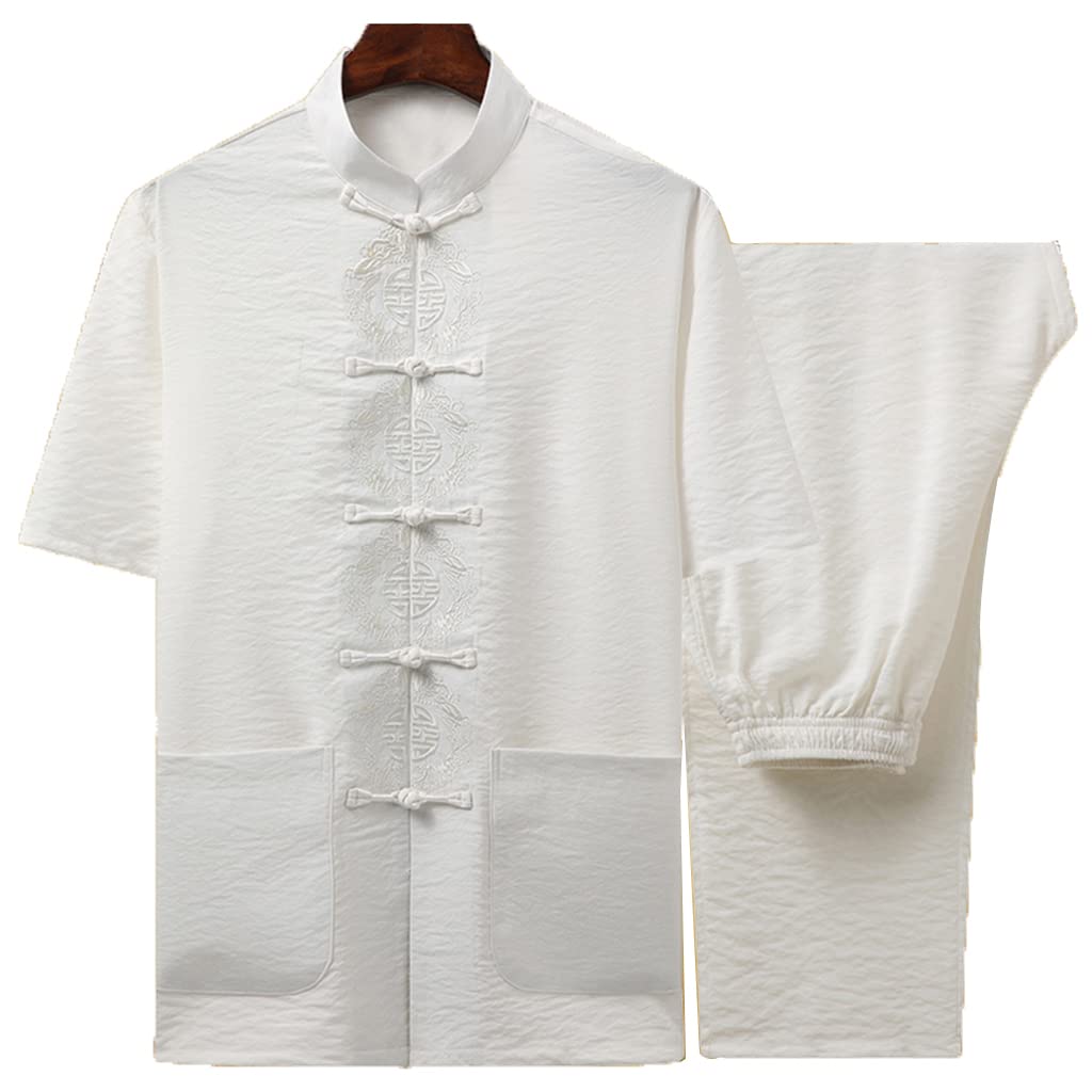 Men's Summer Thin Cool Tang Suit Hanfu - Chinese Traditional Embroidered Short Sleeve Shirt & Pants Set in White (3XL) | Perfect for Cultural Events, Cosplay & Asian Fashion Enthusiasts