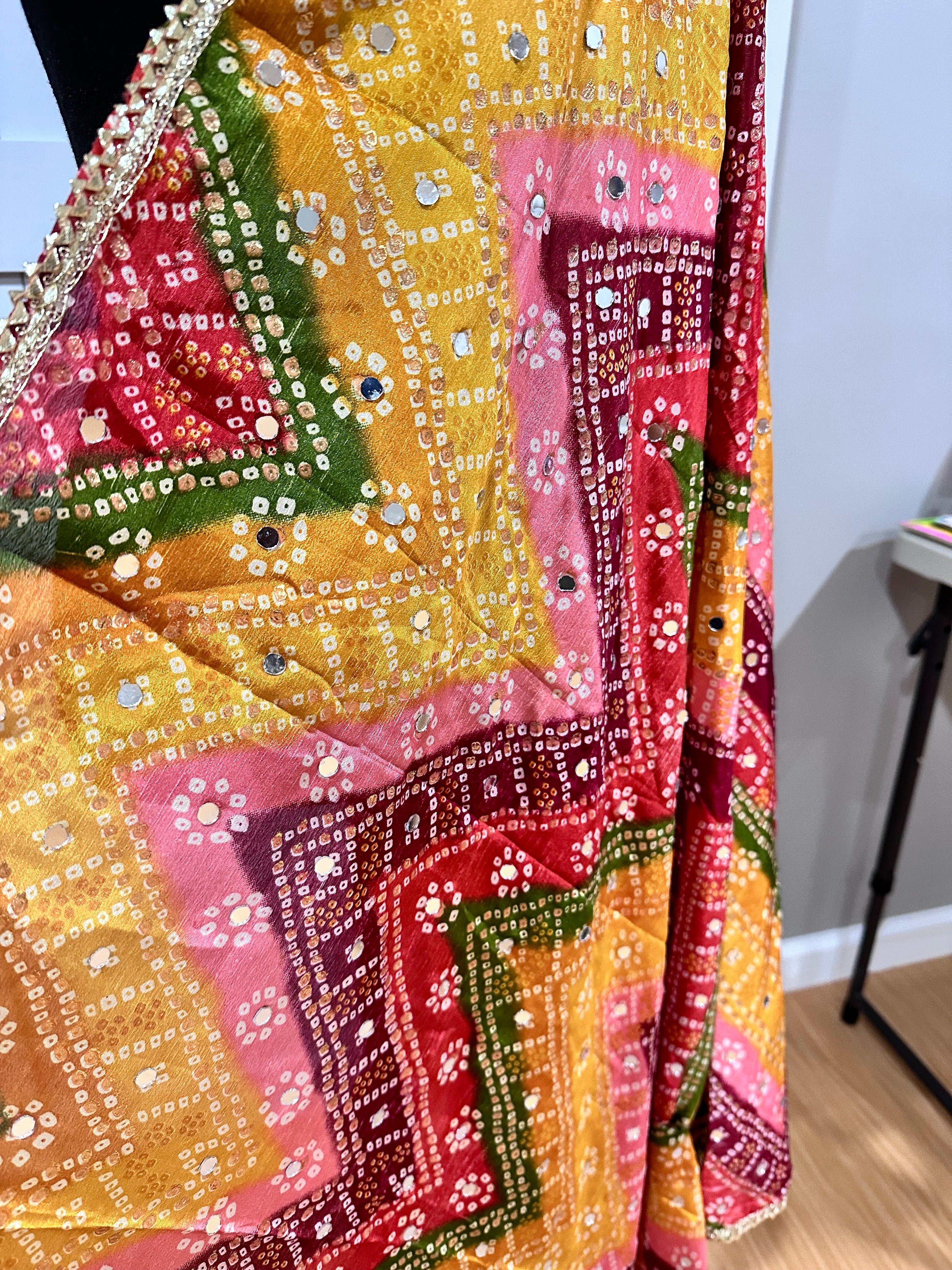 Phulkari Style Bandhini Print Dupatta Scarf - Traditional Indian Embroidered Shawl for Women - Perfect for Weddings, Parties & Ethnic Outfits