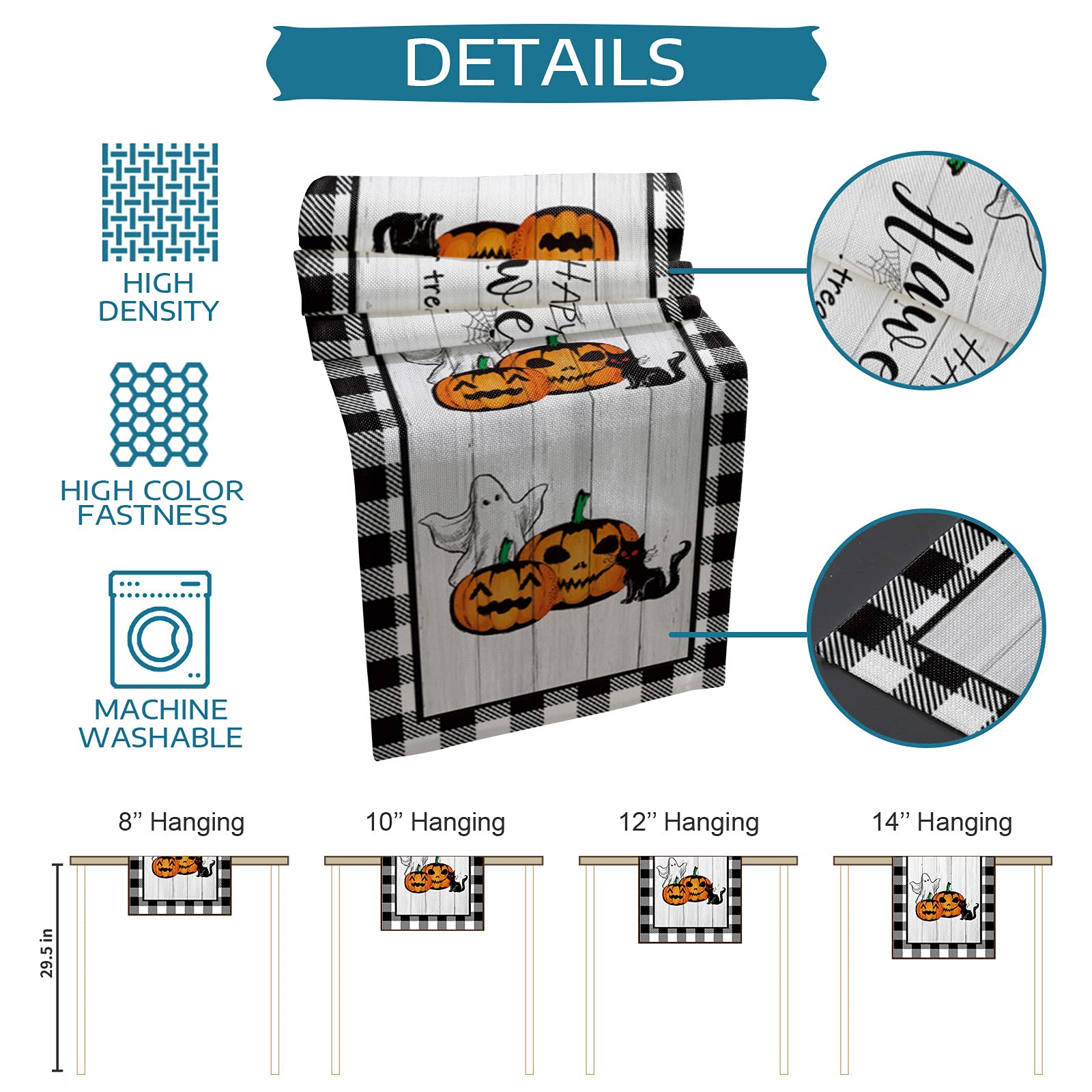Halloween Burlap Table Runner 108 Inches - Black and White Buffalo Check Checkered with Pumpkins, Ghosts & Black Cat Design for Trick or Treat - Perfect for Home Kitchen, Party Dining & Coffee Tables Decorations