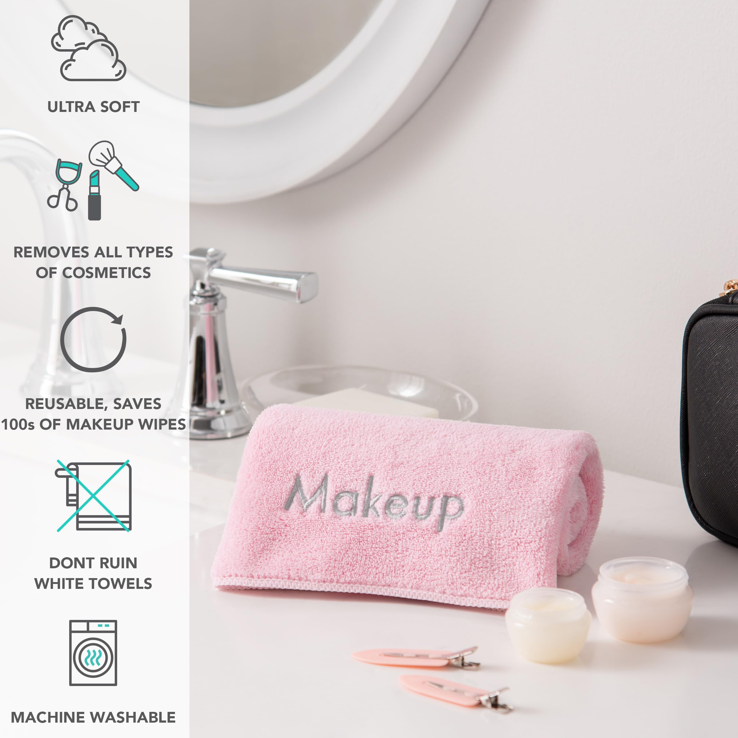 Arkwright Makeup Remover Wash Cloths & Luxury Cotton Hand Towels Set - Soft Pink Facial Cleansing Cloths & White Bath Towels for Skincare & Spa | Perfect for Daily Face Cleansing, Makeup Removal & Gentle Exfoliation