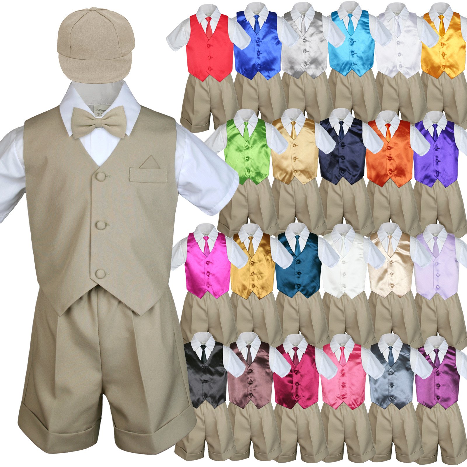 7-Piece Baby Boy Khaki Formal Bow Tie Shorts Suit Set with Extra Vest & Necktie (Sizes S-4T) - Perfect for Weddings, Baptisms & Special Occasions