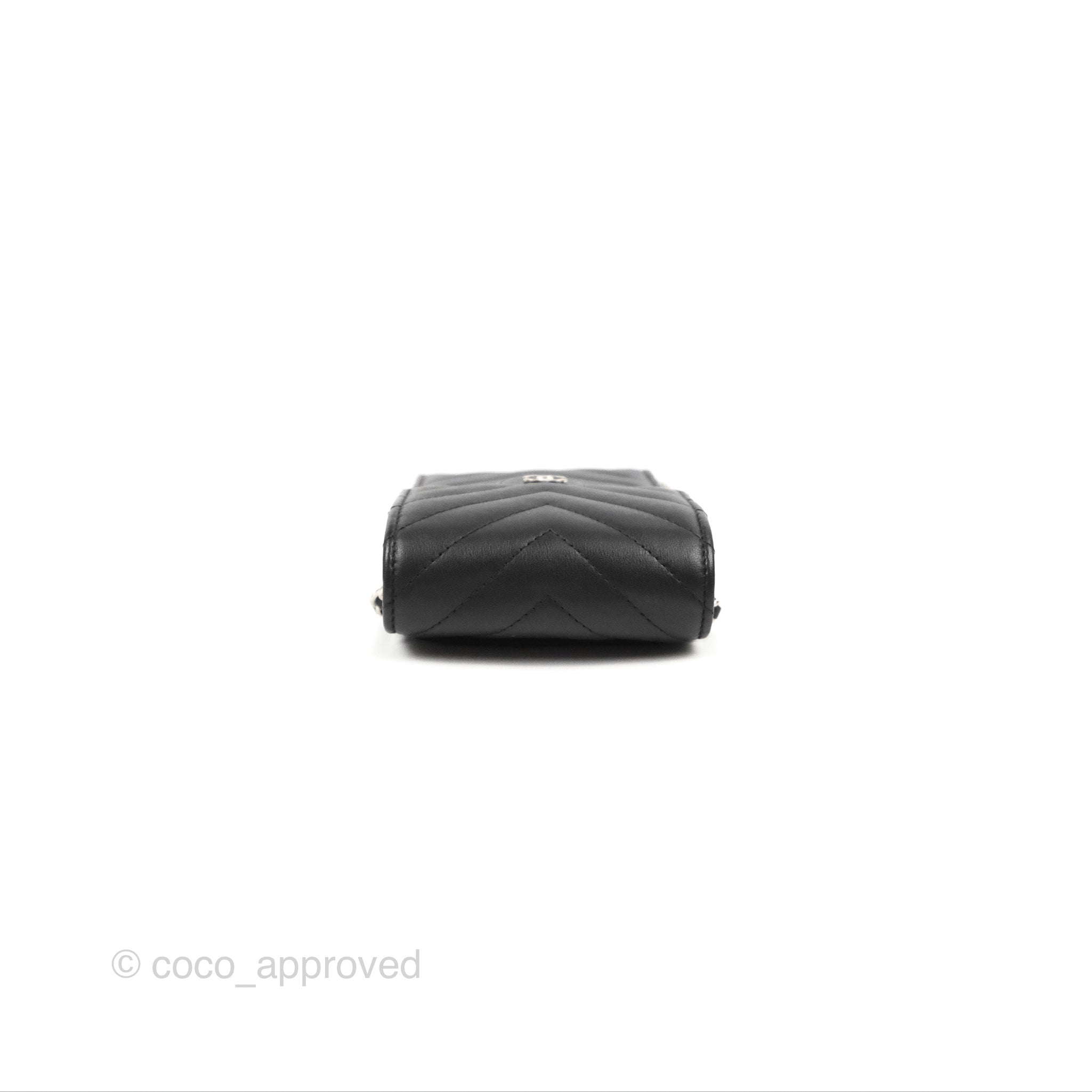 Chanel Classic Chevron Phone Holder - Black Calfskin with Silver Hardware | Luxury Phone Accessory for iPhone & Samsung | Perfect for Office, Travel & Daily Use