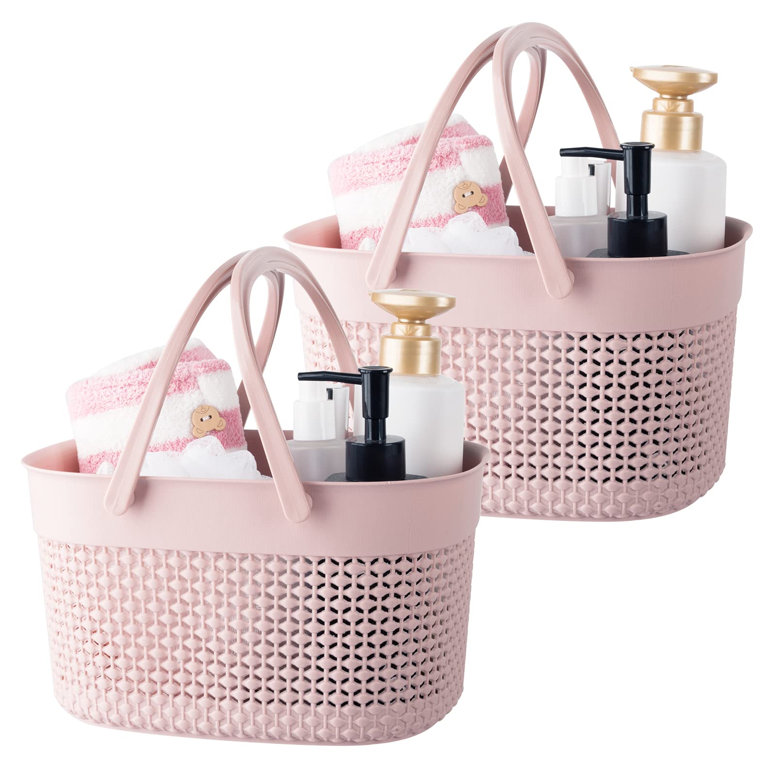 Rejomiik 2 Pack Plastic Shower Caddy Basket - Portable Bathroom Organizer with Handles, Toiletry Storage Bin for College Dorm, Camping, Gym & Kitchen (Pink) - Perfect for Small Space Organization & Travel Essentials