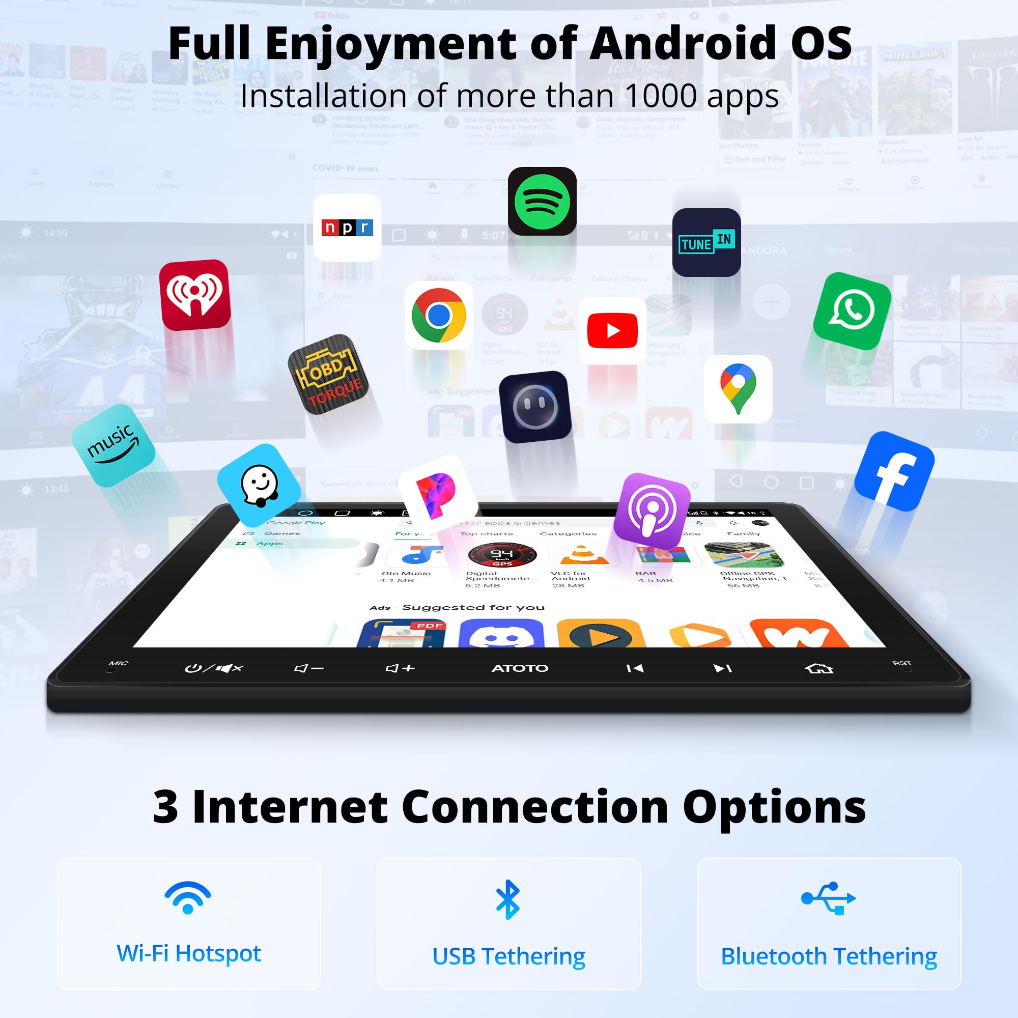 ATOTO 9 Inch Android Car Stereo Double Din Head Unit with Dash & Rear View Camera - 2GB RAM 32GB ROM, Wireless Apple CarPlay & Android Auto, Mirror Link, GPS Navigation, Dual Bluetooth, WiFi/BT/USB Tethering, HD LRV - Perfect for Road Trips & Daily Commuting