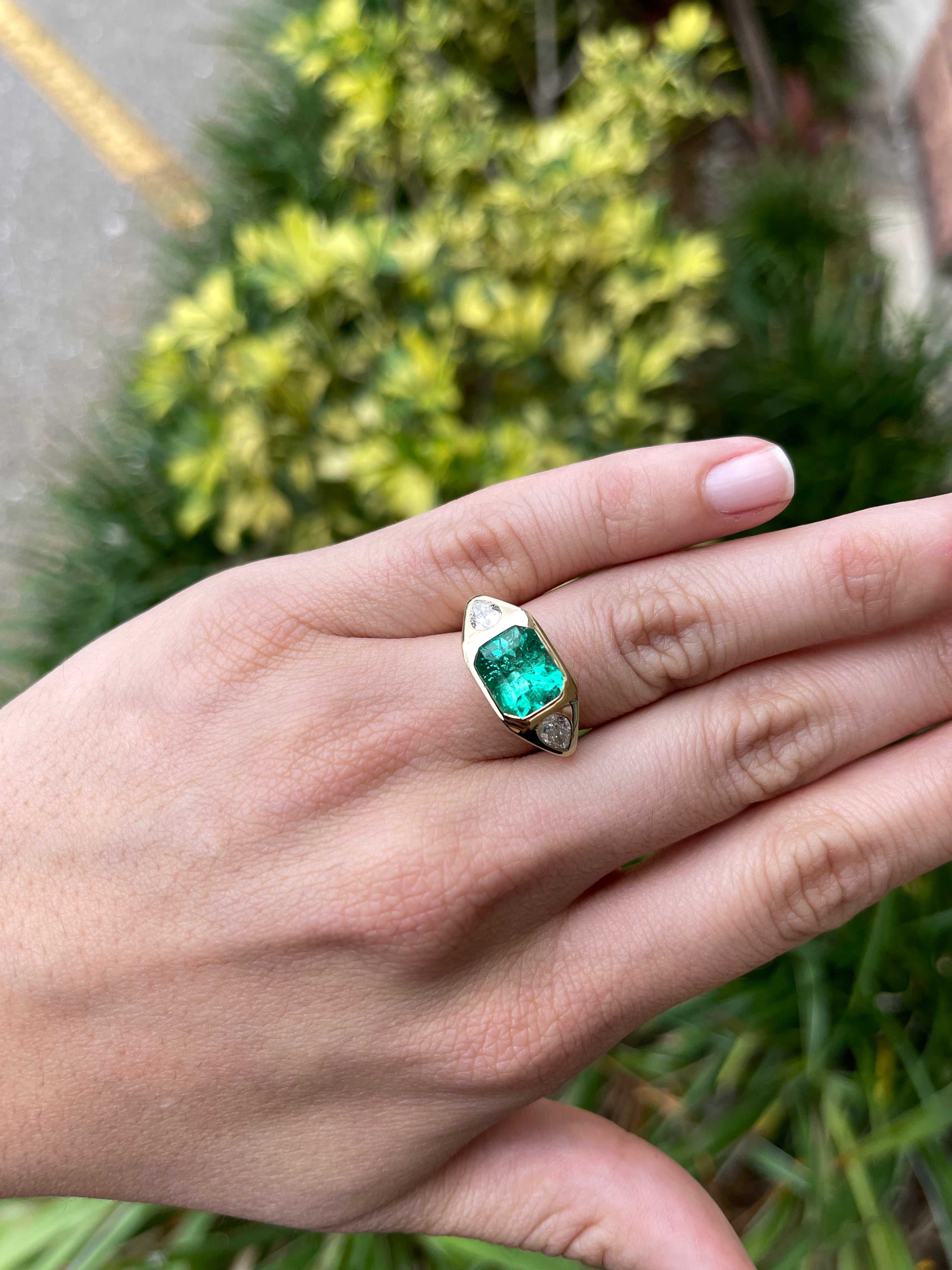 18K Gold Three Stone Emerald Cut Emerald & VVS Pear Cut Diamond Gypsy Ring - 4.62tcw AAA Quality for Engagement, Wedding & Anniversary Gifts