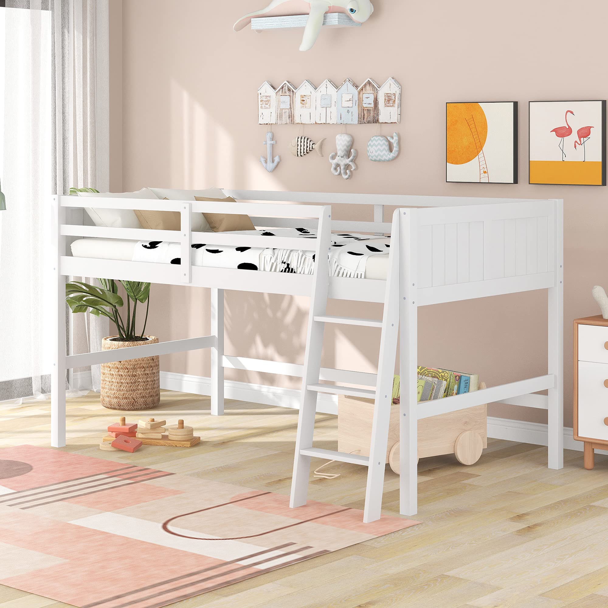 **DERCASS Wood Twin Loft Bed with Ladder & Guardrail - Low Profile Design for Adults, Kids, Boys & Girls - No Box Spring Needed - Perfect for Small Spaces & Shared Rooms (White)**