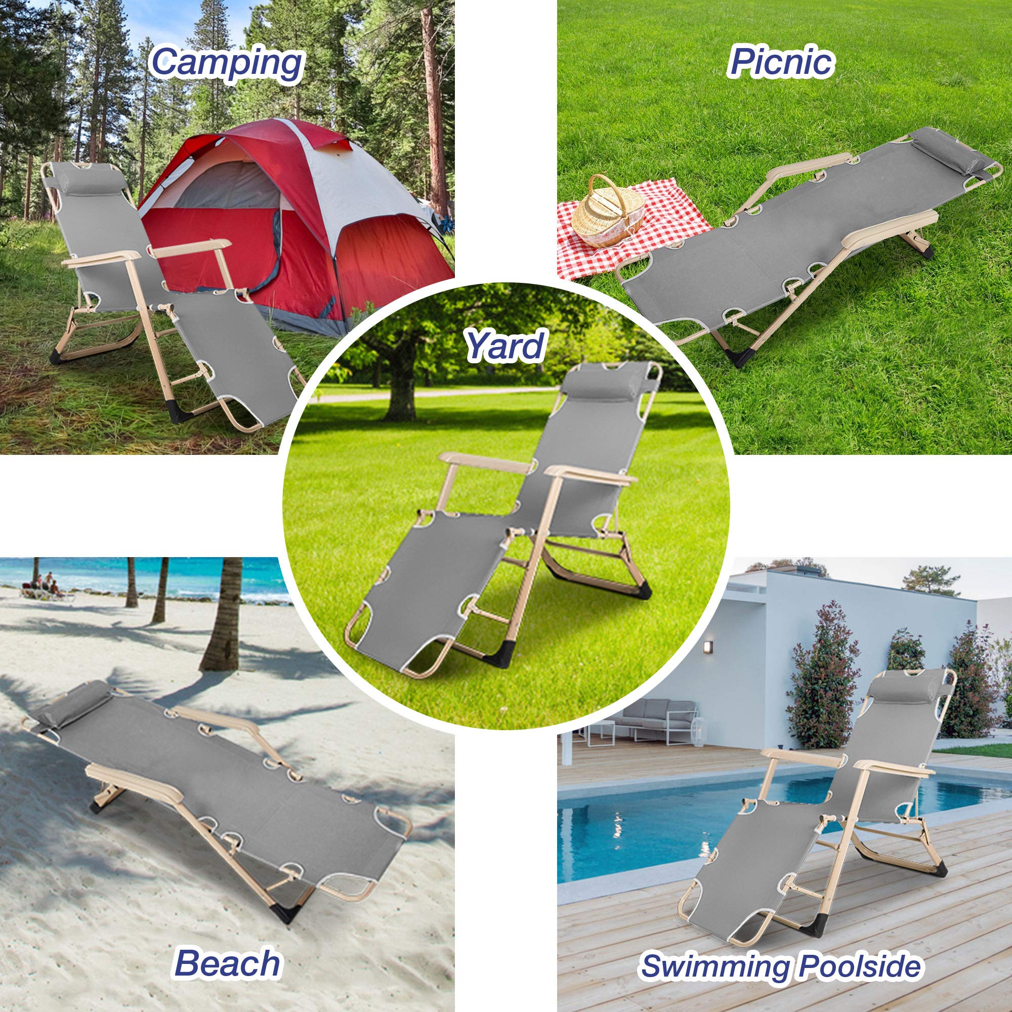 4-Pack Lightweight Folding Chaise Lounge Chairs for Outdoor Patio - Adjustable Recliner with Footrest & Removable Pillow, Grey - Perfect for Poolside, Beach, Backyard Relaxation and Sunbathing