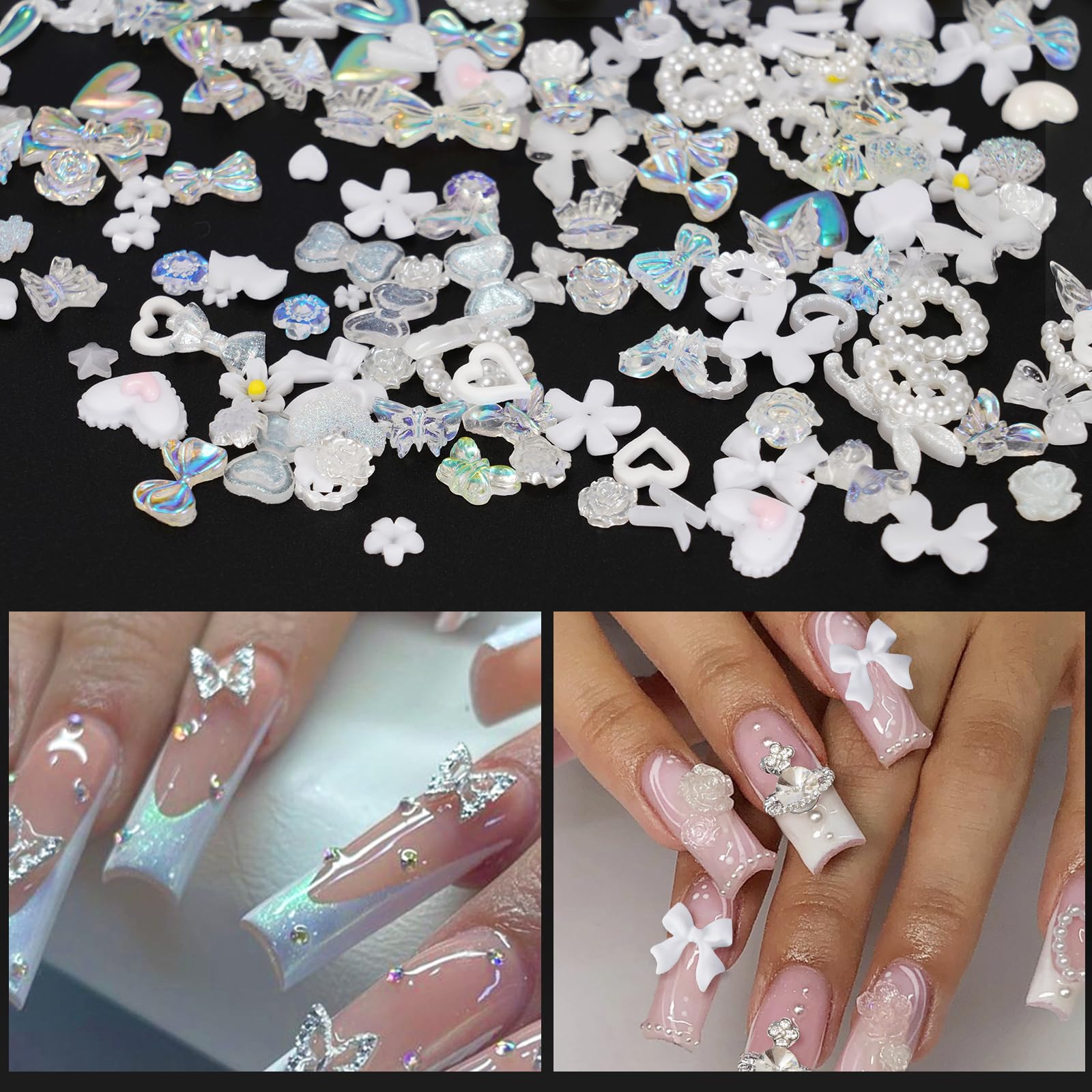 320Pcs White Butterfly, Heart, Star, Cross Nail Rhinestones Charms - 3D Alloy Pearl Nail Art Decorations with Bows & Flowers for DIY Manicure, Crafting & Jewelry Making - Perfect for Nail Salons, Home DIY Projects & Gift Giving