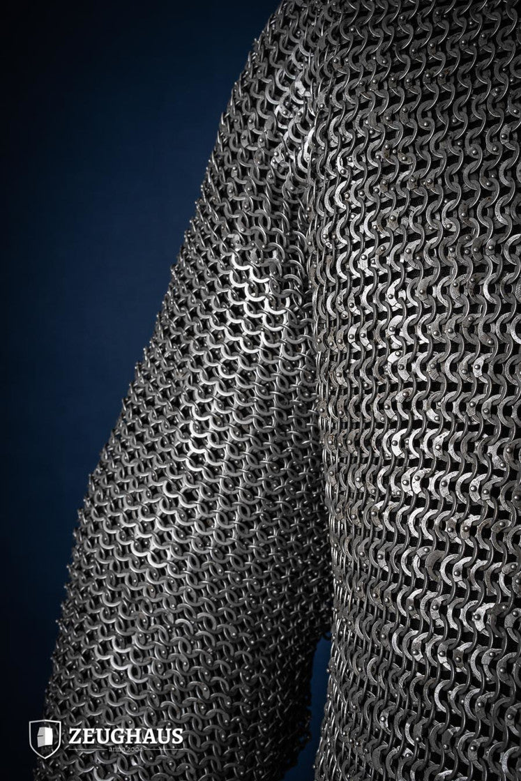 Flat Ring Riveted Chainmail Hauberk - 9mm Oiled Steel Medieval Armor for LARP, Cosplay & Renaissance Fairs - B Stock