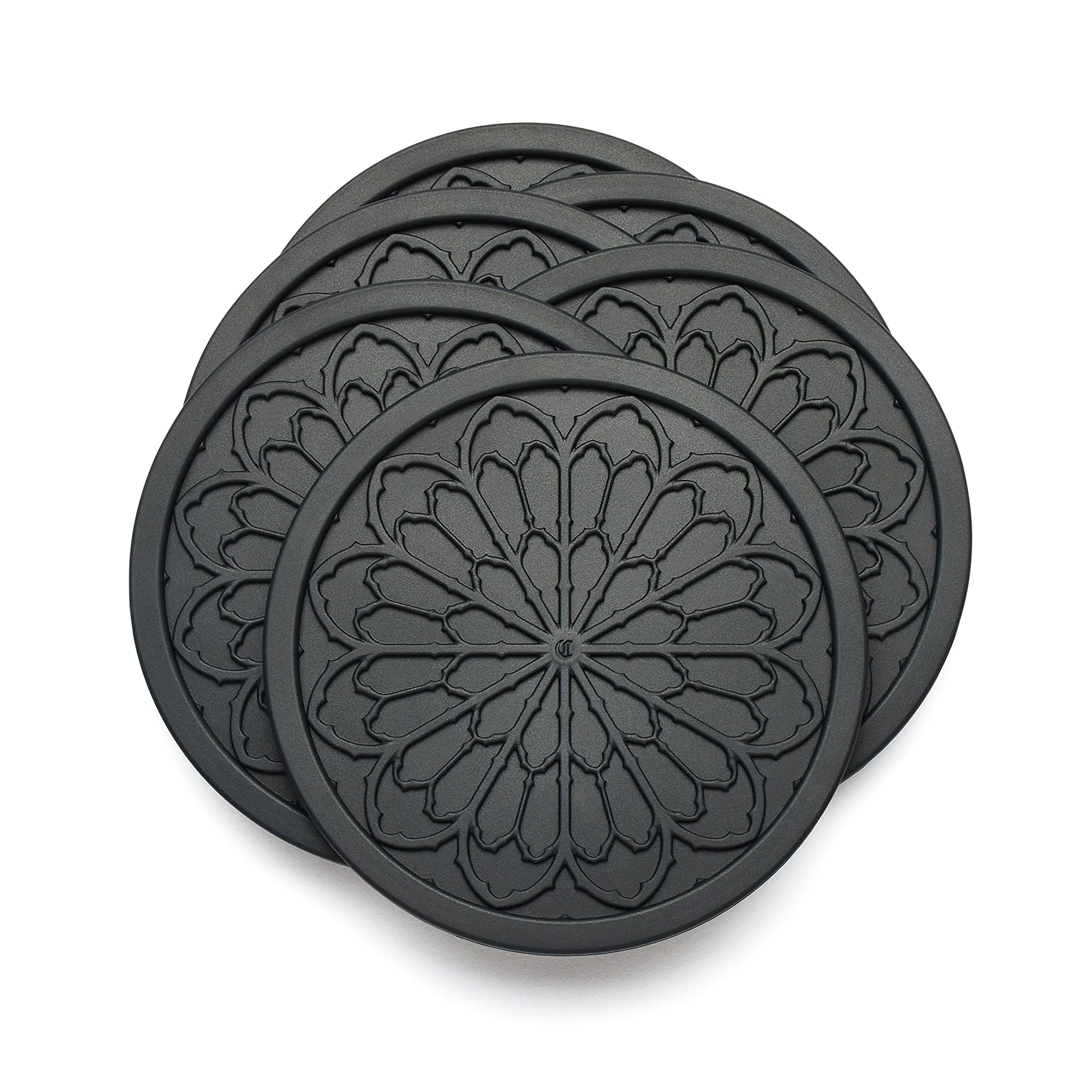 6-Pack Black Silicone Drink Coasters - 4 Inch Non-Slip Cup Coasters for Kitchen, Dining Table & Coffee Bar - Aesthetic Goth Home Decor Accessories by COASTERFIELD - Perfect for Parties, Office & Room Decor