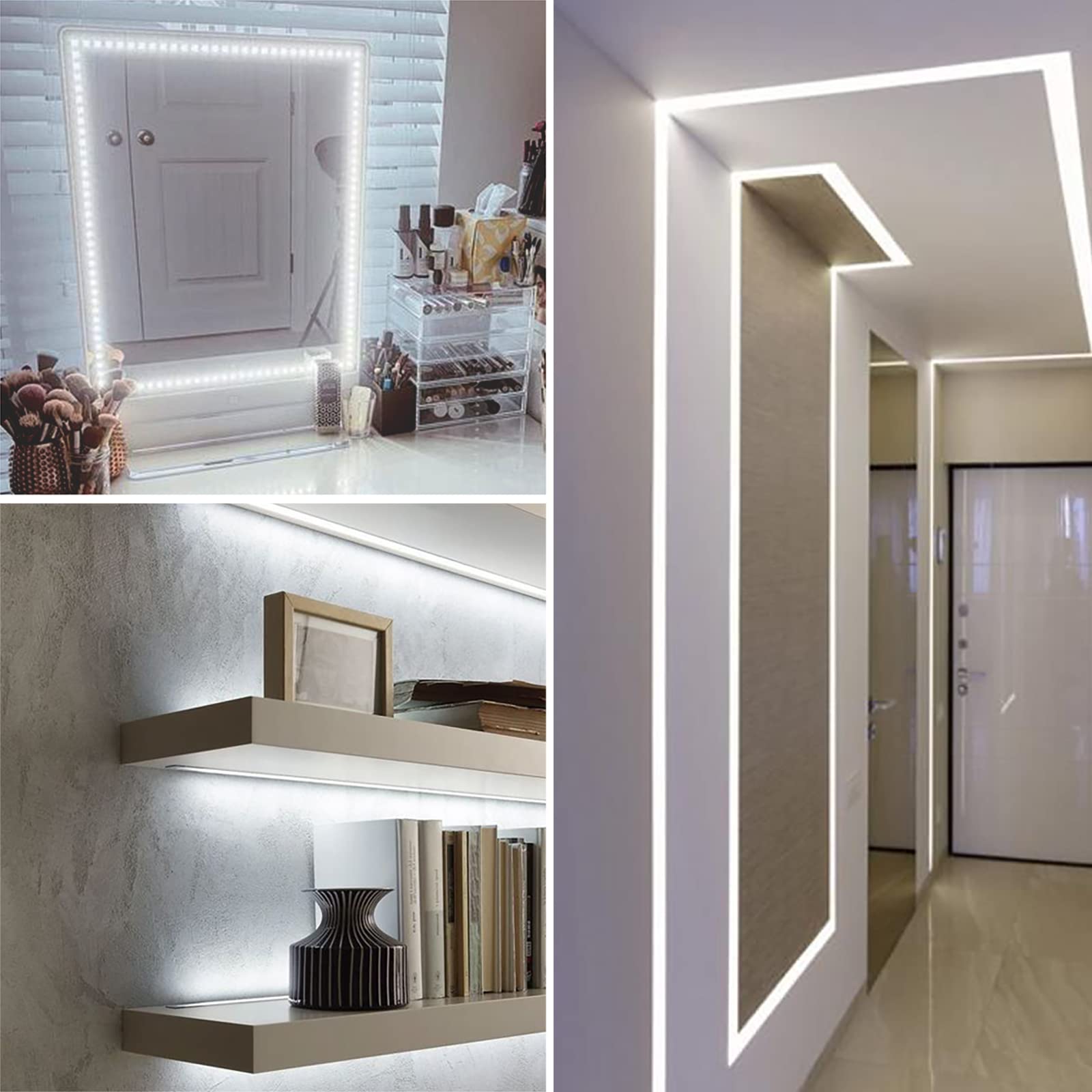 KOPMHYE 5M Dimmable LED Strip Lights Kit - 12V Flexible Tape Light with 300 2835 LEDs, 16.4ft 6000K Daylight White Ribbon & Power Adapter - Perfect for Under Bed Lighting, Vanity Mirror, Cabinet, Home Decor (Non-Waterproof)