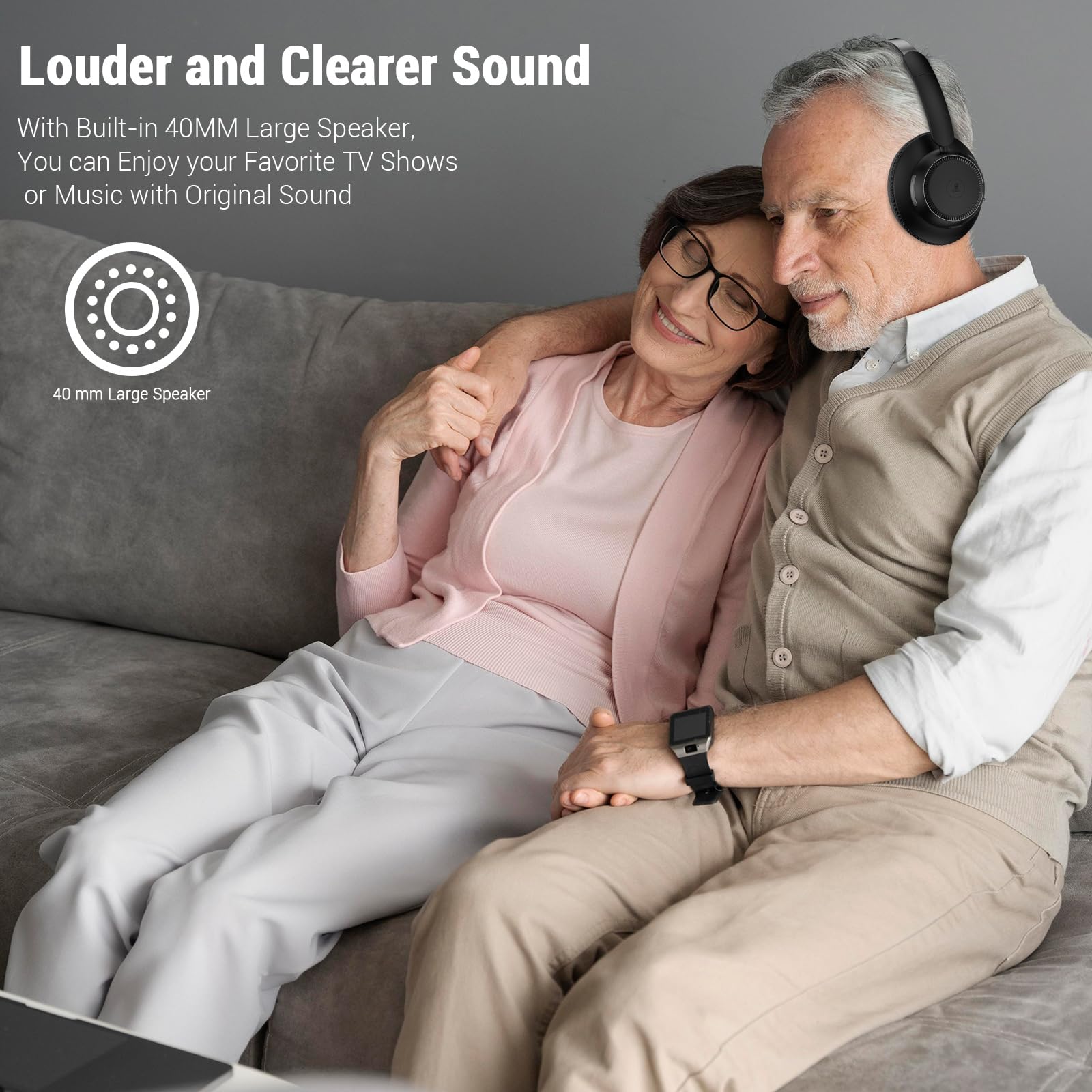 ROSIDA Wireless TV Headphones for Seniors - Bluetooth Over-Ear Headphones with Transmitter & Charging Base, No Audio Delay, Perfect for Watching TV, Ideal Gift for Elderly Parents (Iron Black) - Enjoy Comfortable TV Viewing at Home or in Nursing Homes