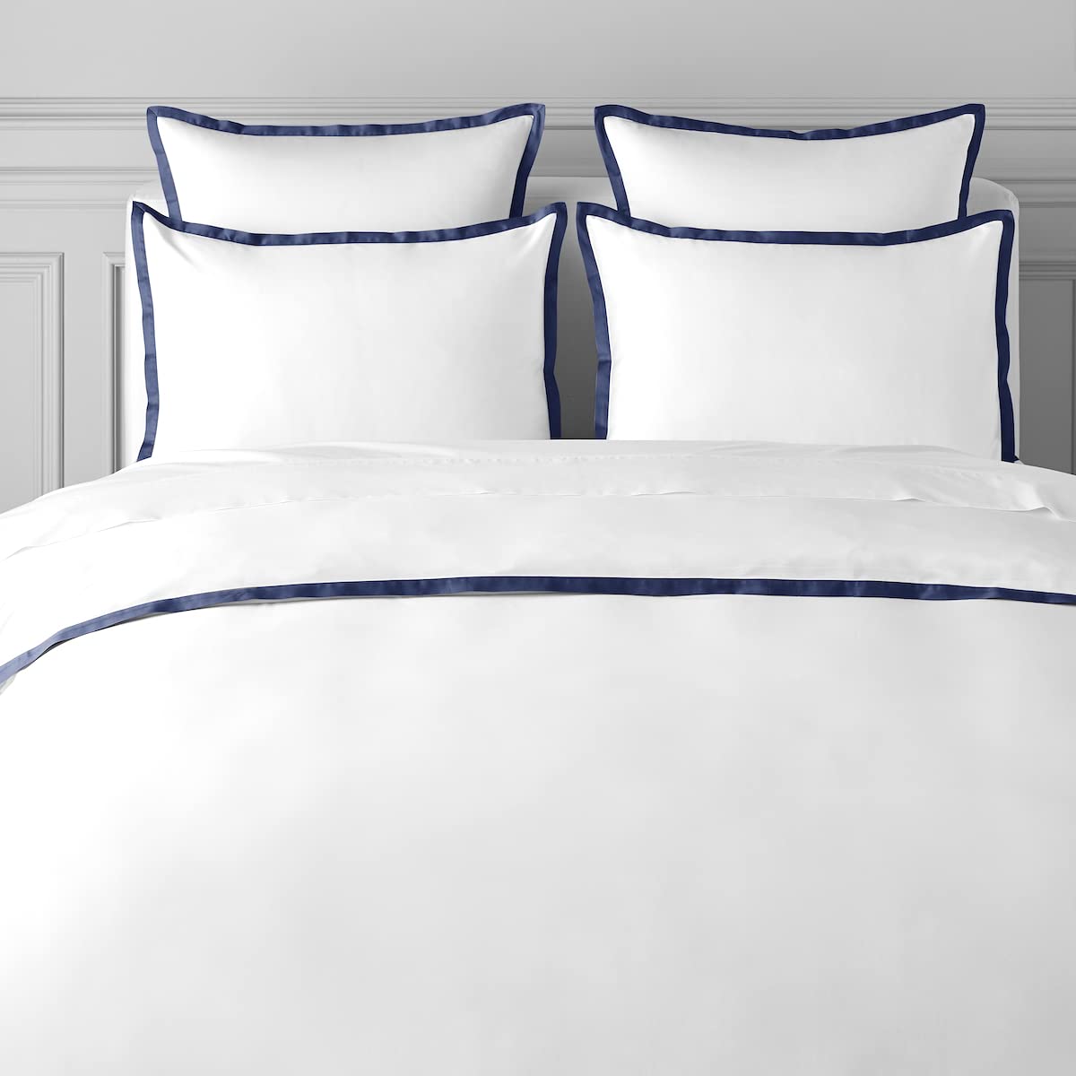 Premium 100% Cotton Duvet Cover Set - Full/Queen Size 3-Piece Luxury Bedding with Blue Satin Border & 2 Pillowcases - 400 Thread Count Percale Duvet Cover for Comfortable Sleep - Perfect for Master Bedrooms, Guest Rooms & Cozy Home Decor