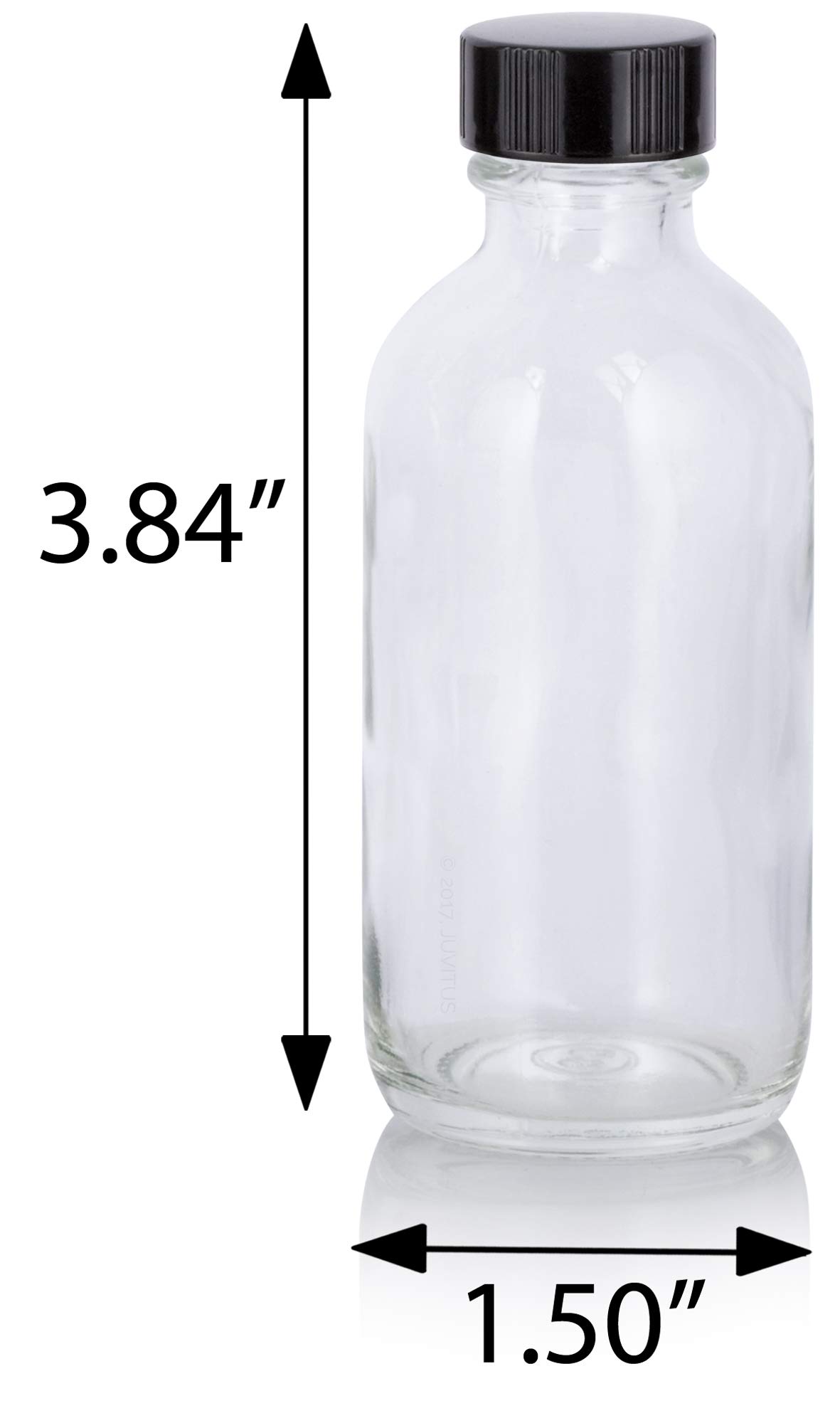 JUVITUS 2 oz Clear Glass Boston Round Bottles with Airtight Phenolic Caps (12 Pack) - Essential Oil, DIY Beauty, Travel Size Containers + Bonus Funnel Included - Perfect for Home, Lab & Craft Storage