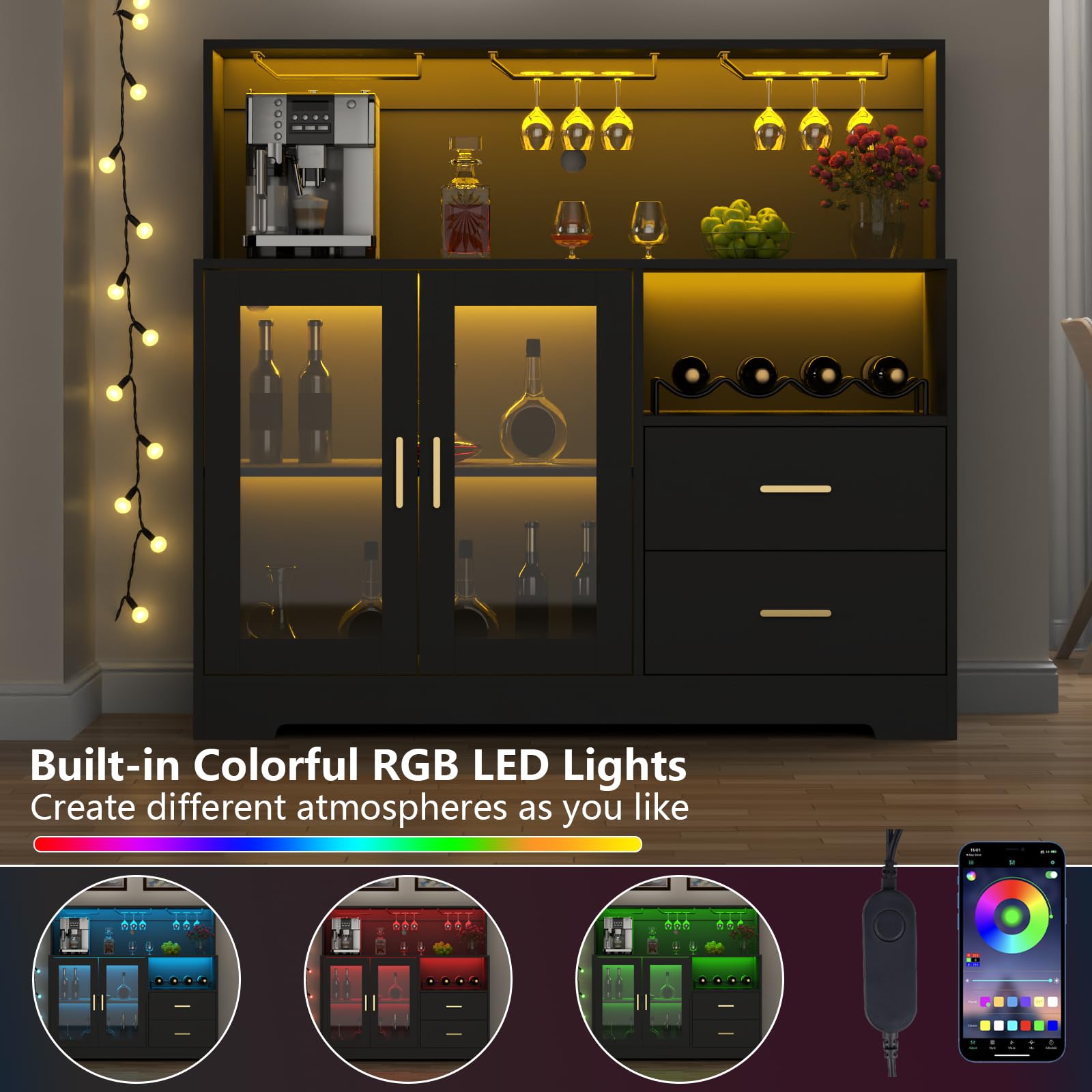 Modern LED Wine Bar Cabinet with Glass Rack & Storage Drawers - Kitchen Buffet Sideboard for Liquor, Coffee & Dining Essentials - Perfect for Living Room, Dining Room & Home Entertainment (Black)