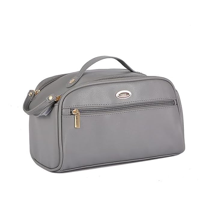 Salepush Large Capacity Leather Makeup Bag for Women - Waterproof Cosmetic Organizer with Multiple Pockets, Travel Toiletry Case (Grey) | Perfect for Travel, Gym, Daily Use & Gift Giving