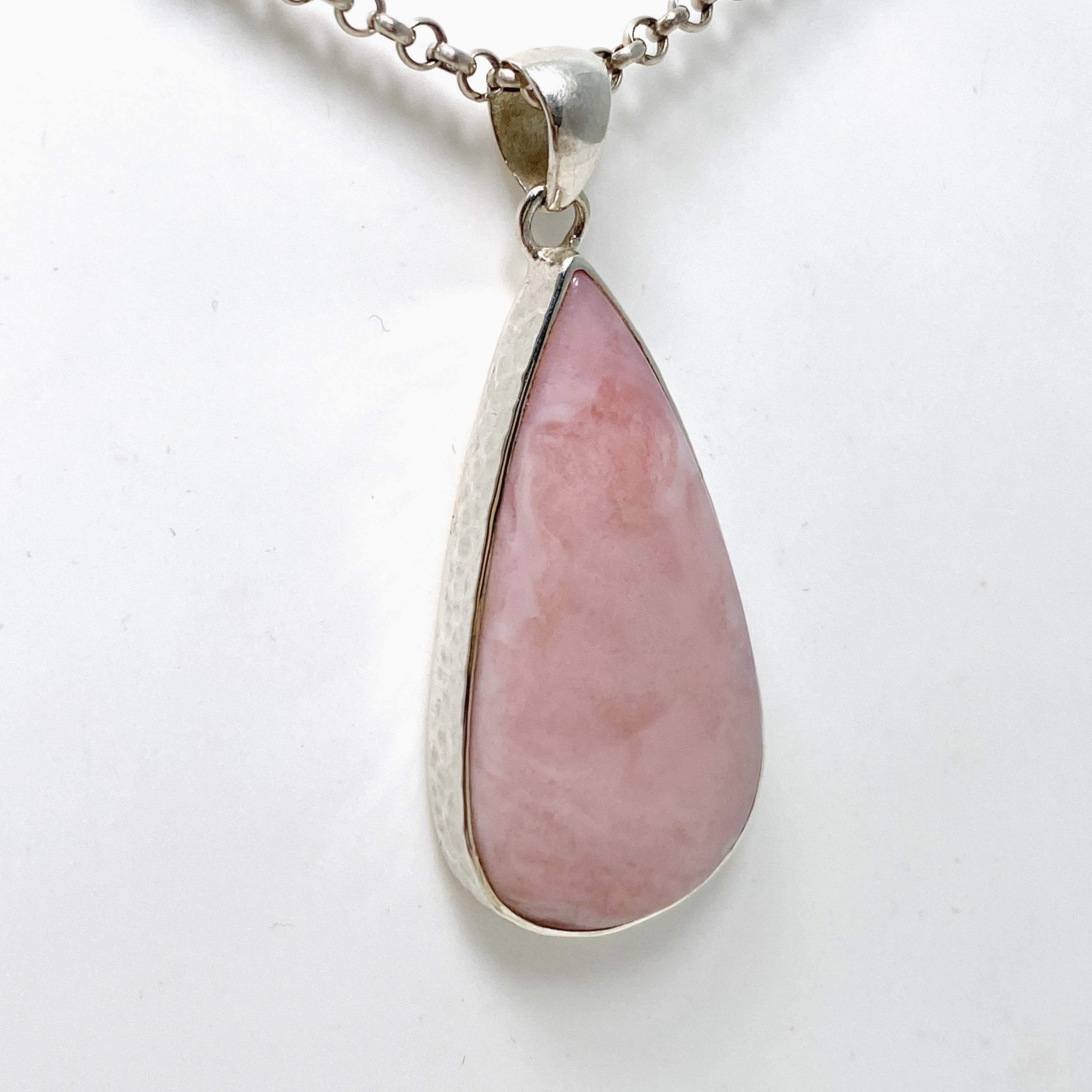 Natural Pink Opal Teardrop Cabochon Pendant Necklace - Handmade Hammered Sterling Silver Setting KPGJ4669 - Perfect for Boho Jewelry & Gift Giving