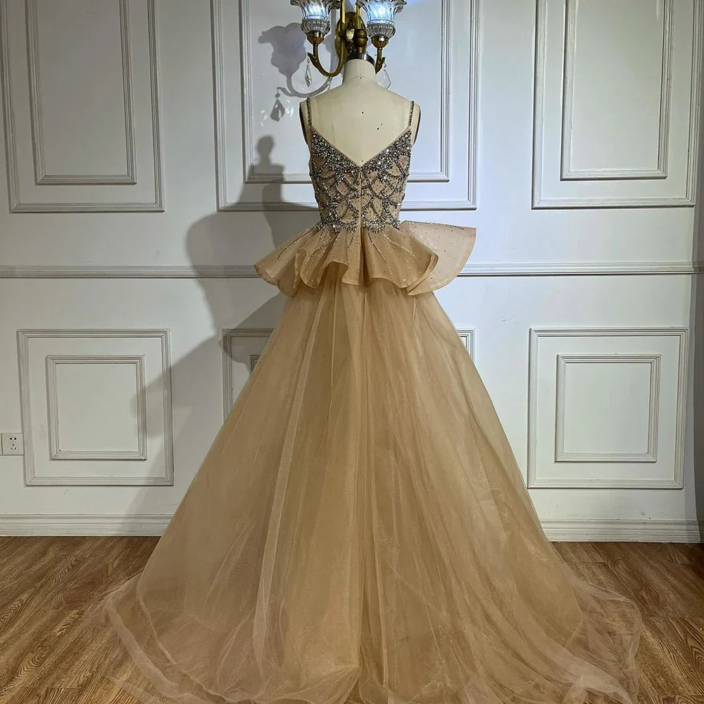 Luxury Dubai Nude Saudi Beaded Spaghetti Strap Evening Gown with Overskirt - Formal Dresses for Weddings, Prom & Special Occasions