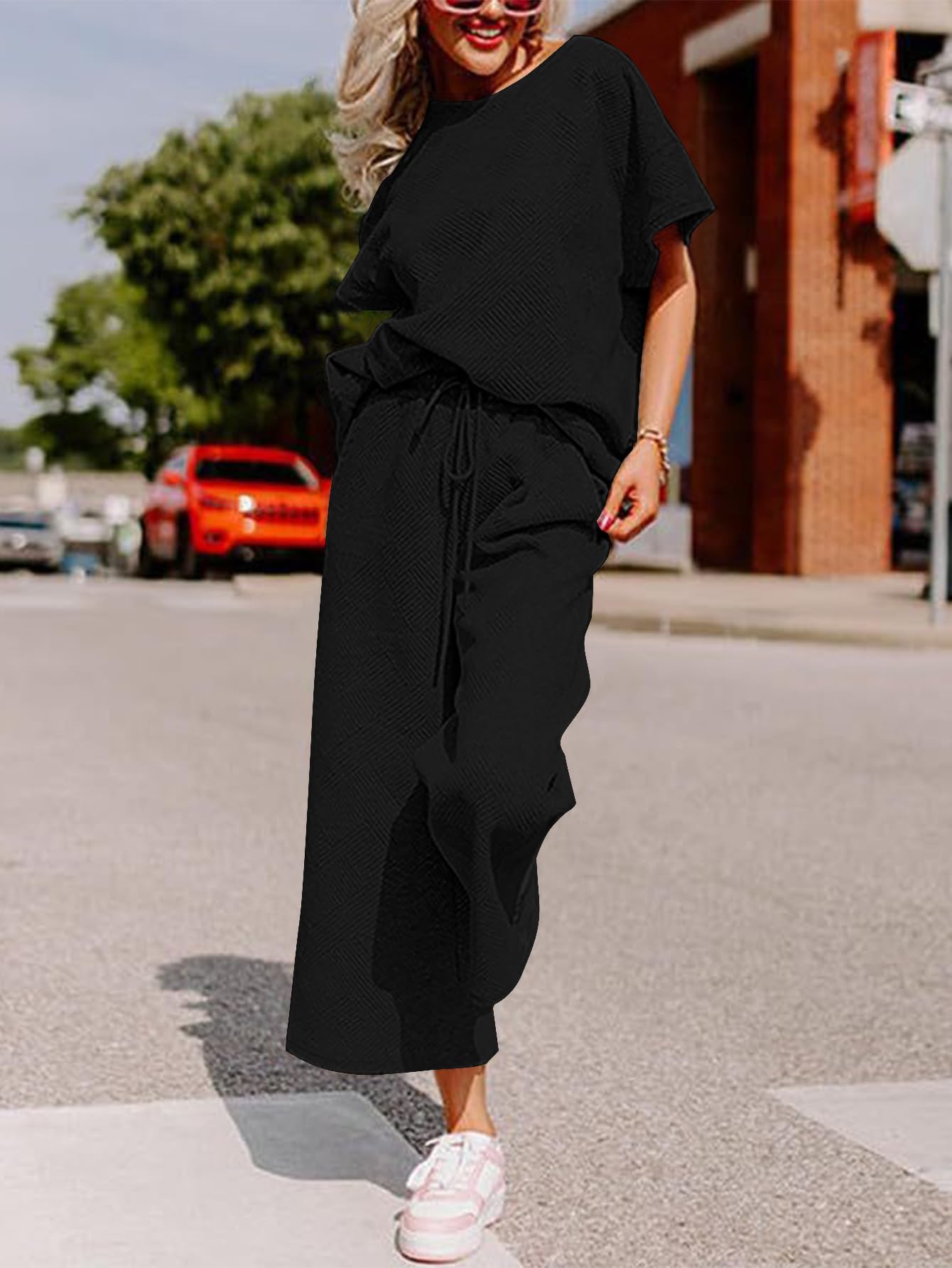 YKR Women's 2-Piece Lounge Set - Soft Knit Short Sleeve Pullover Top & Wide Leg Pants | Summer Comfort Outfit | Perfect for Home Relaxation, Yoga, and Casual Outings 2024