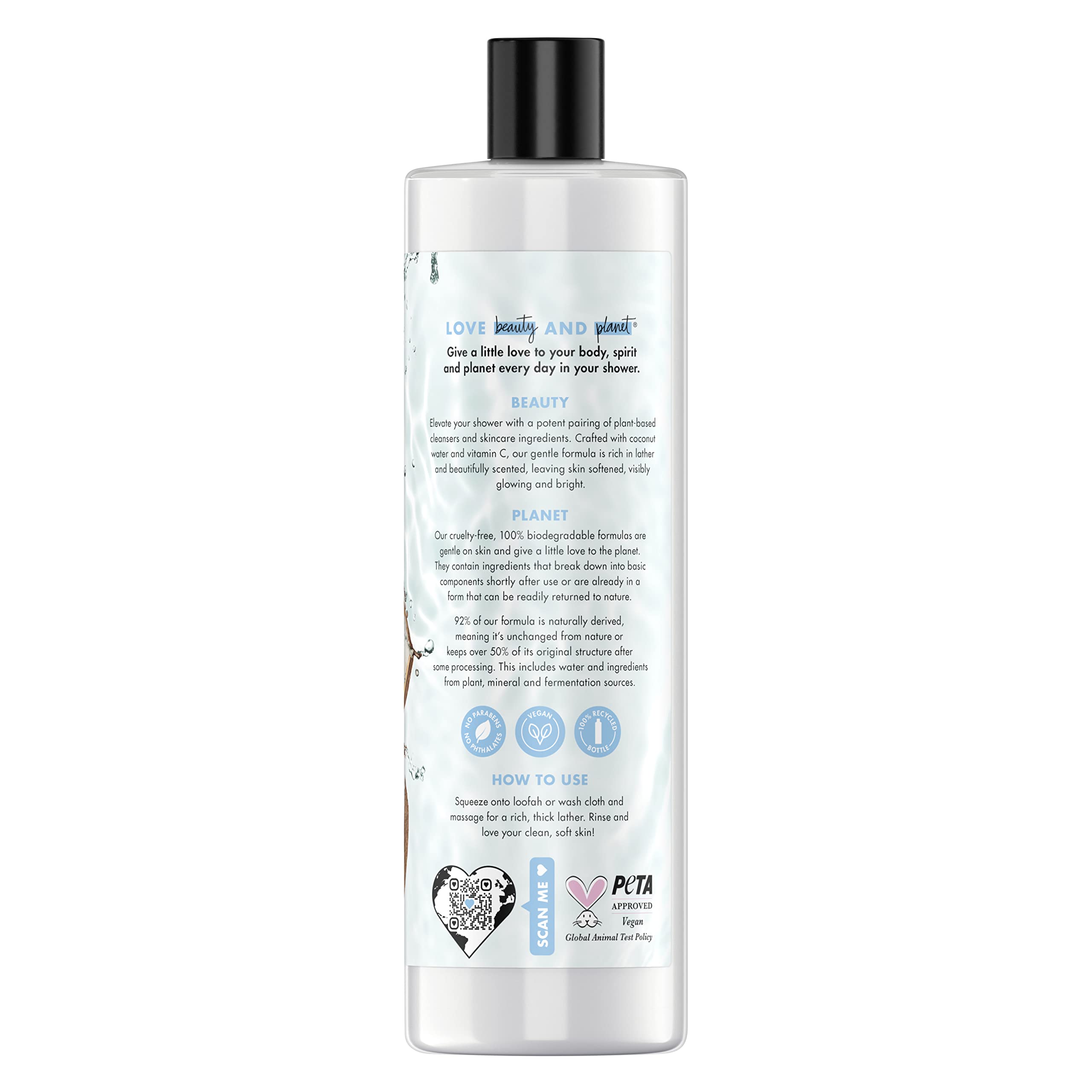 Love Beauty and Planet Vegan Coconut Water & Vitamin C Body Wash - Plant-Based Shower Gel for Women & Men - Hydrating & Refreshing Skin Cleanser - Perfect for Daily Shower & Spa Relaxation