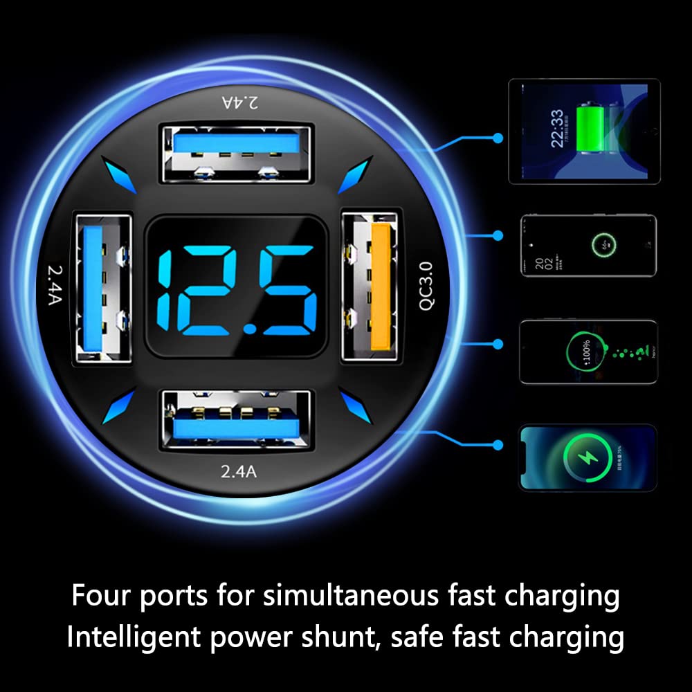 4-Port USB Car Fast Charger with QC3.0 & LED Lights - 36W High Speed Cigarette Lighter USB Charger Compatible with iPhone 15/14, Samsung Galaxy S23, iPad Pro & More Smartphones - Perfect for Road Trips, Family Travel & Business Commutes